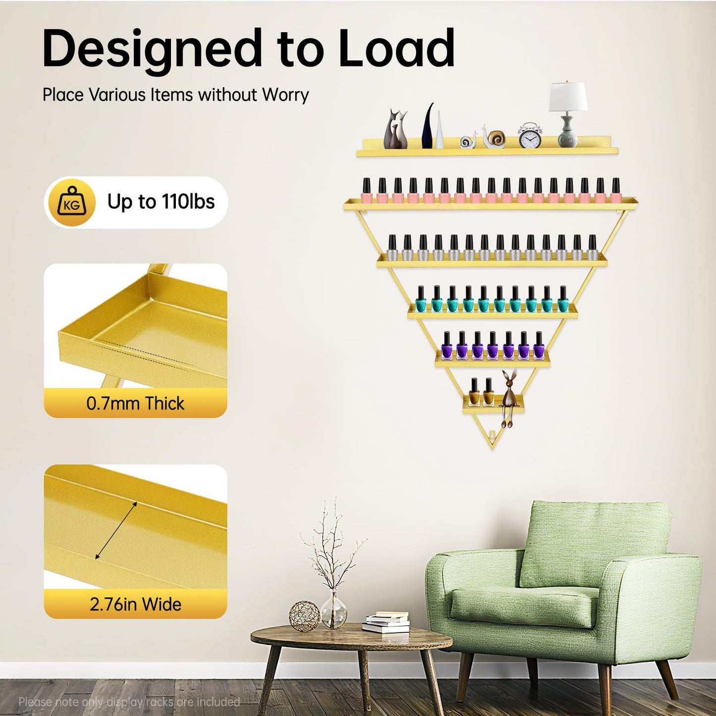 InnaMall 5 Tier Wall-Mounted Nail Polish Display Rack, 6PCS Metal Triangular Nail Polish Racks Holds Up to 90 Bottles Each Triangle for Nail Salon, Cosmetics & Beauty Shop Gold