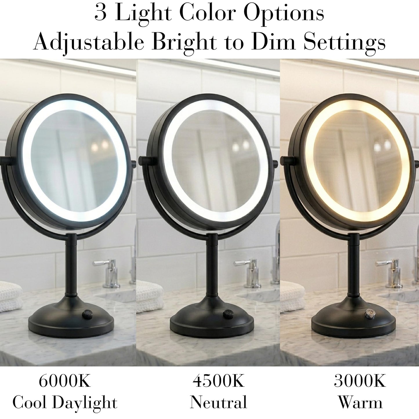 JERDON Lighted Tabletop Mirror with 10X/1X Magnification - Black Makeup Mirror with Multiple Light Settings - 8.5-Inch Diameter Vanity Mirror - Model JS8510BK