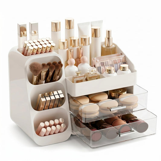 KQJS Makeup Organizer for Vanity - Large Skincare Organizers Countertop, Cosmetic Organizer with Brush Holder and 2 Drawer, Makeup Storage for Lipsticks, Nail Polishes, Eyeshadow Palettes, White