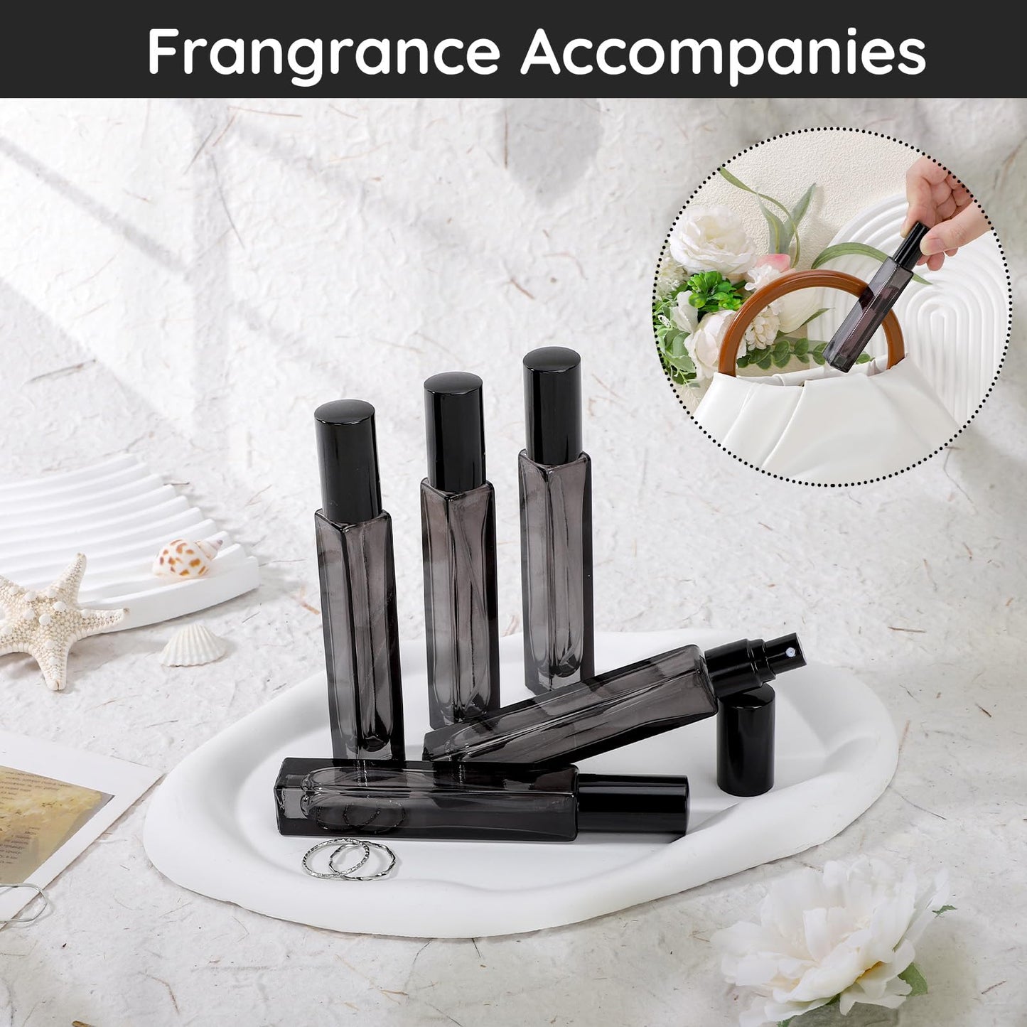 Segbeauty 0.34oz Small Travel Size Perfume Atomizer, 10pcs 10ml Refillable Atomizer Sprayer for Perfume, Black Glass Spray Bottles Empty with Refill Kit for Women, Mini Travel Cologne Sprayer for Men