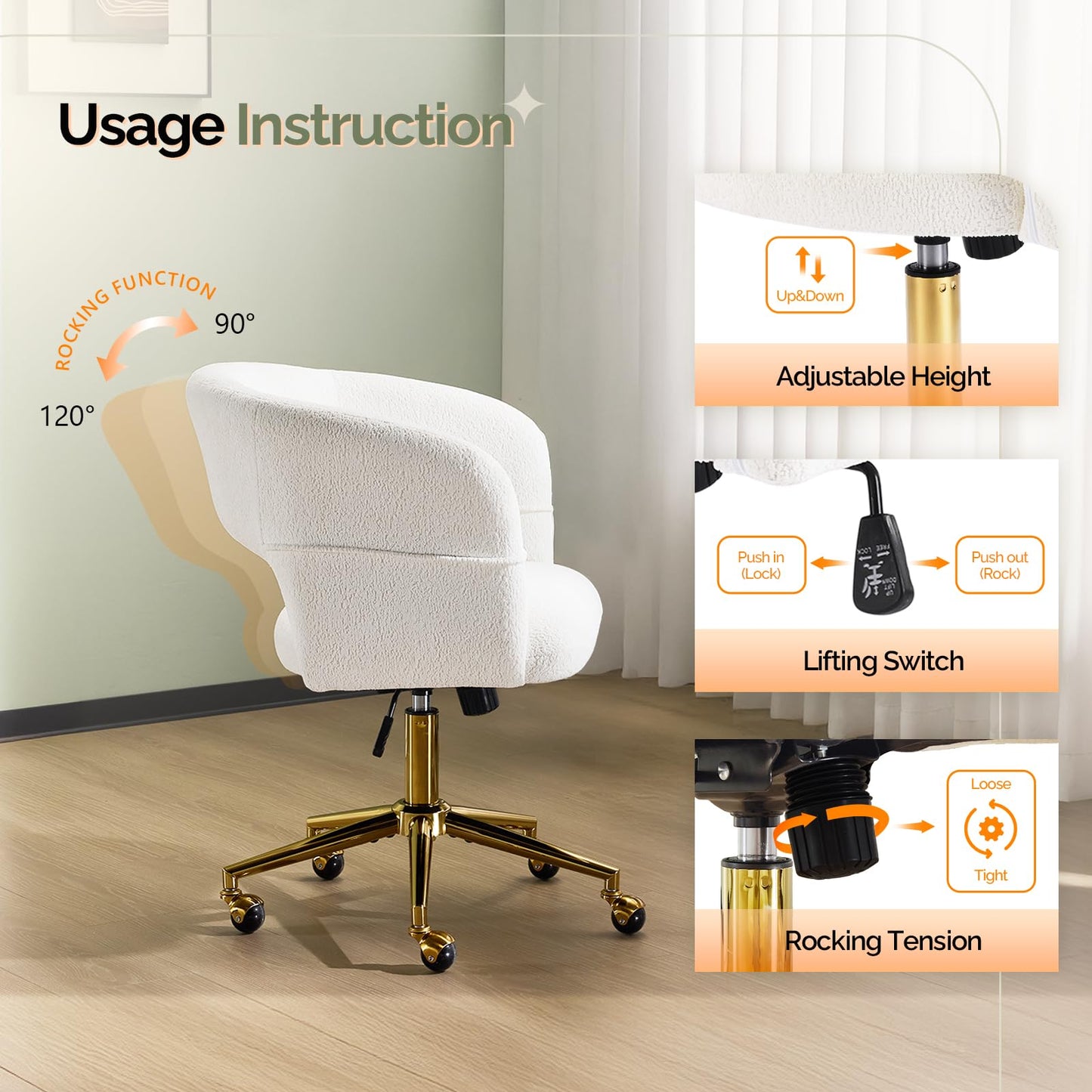 VINGLI Modern Curved Office & Vanity Desk Chair, Cute Upholstered Nail Chair with Wheels & 360° Swivel & Club & Tilting & Gold Base, for Bedroom, Living Room, Makeup, Velvet Chenille, White