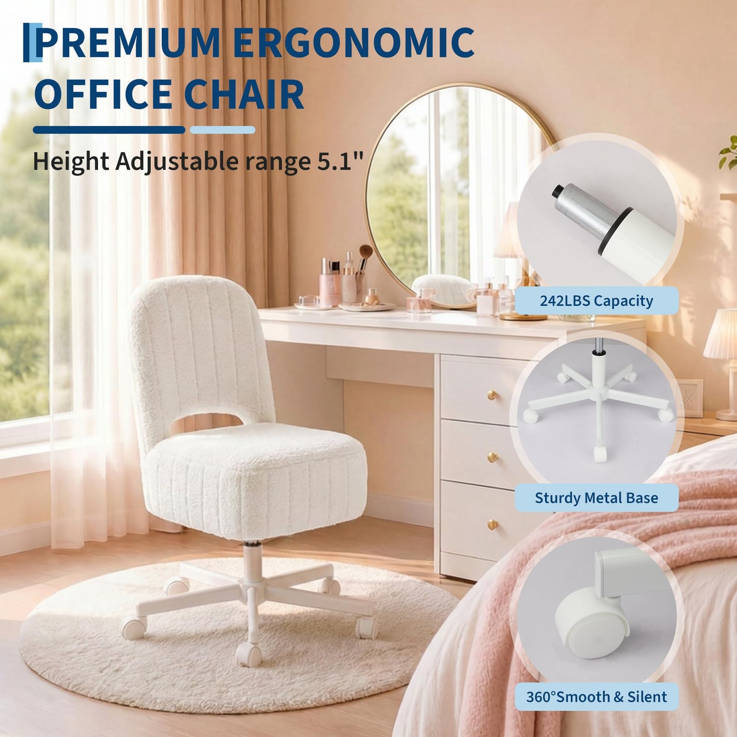Garvee Small Vanity Stool Chair with Storage and Folding Back, Height Adjustable Lift Ottoman with 360° Swivel and Quiet Wheels, Soft Teddy Fleece Seat Stool for Makeup Bedroom Office, White