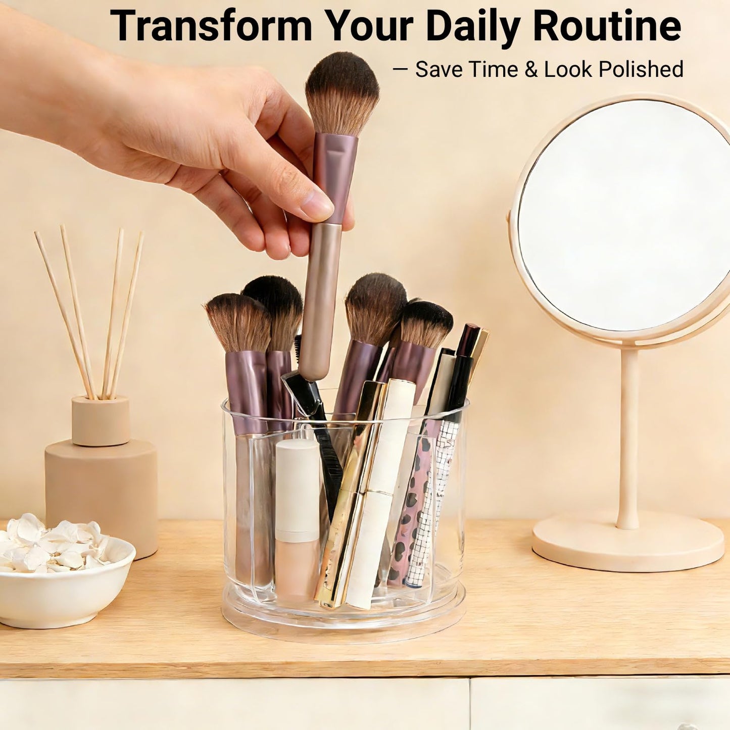 LOOENM Makeup Brush Holder 360 Rotating Makeup Brushes Organizer for Vanity, 5 Slots Makeup Organizers & Storage, Multi-Functional Pencil Pen Holder for Desk, Cosmetic Storage Container Cup (Clear)