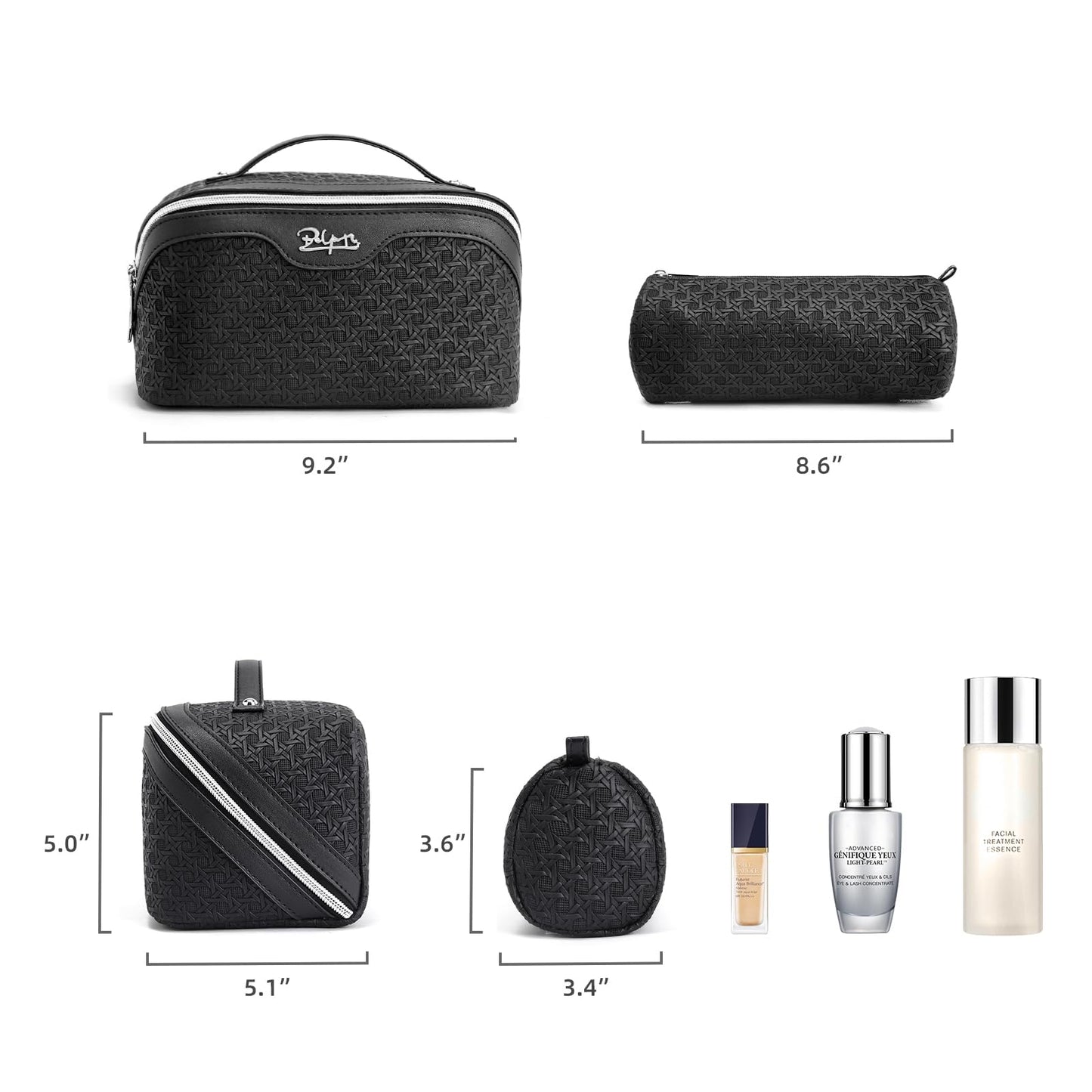 BOYATU Travel Makeup Bag Cosmetic Bags for Women: Large Capacity 3 Pcs Set Make up Bag with Compartments - Waterproof Vegan Leather Toiletry Organizer Bags with Handle (M-71Black)