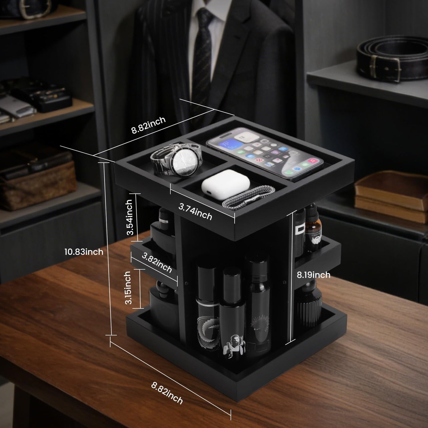 TRQWRO Gift for Men,Mens Organizer,Cologne Stand with Rotate,Mens Accessory Organizers or Valet Tray,Birthday Gift for Dad,Husband,Boyfriend,Anniversary Idea for Him,Watch,Perfume Holder