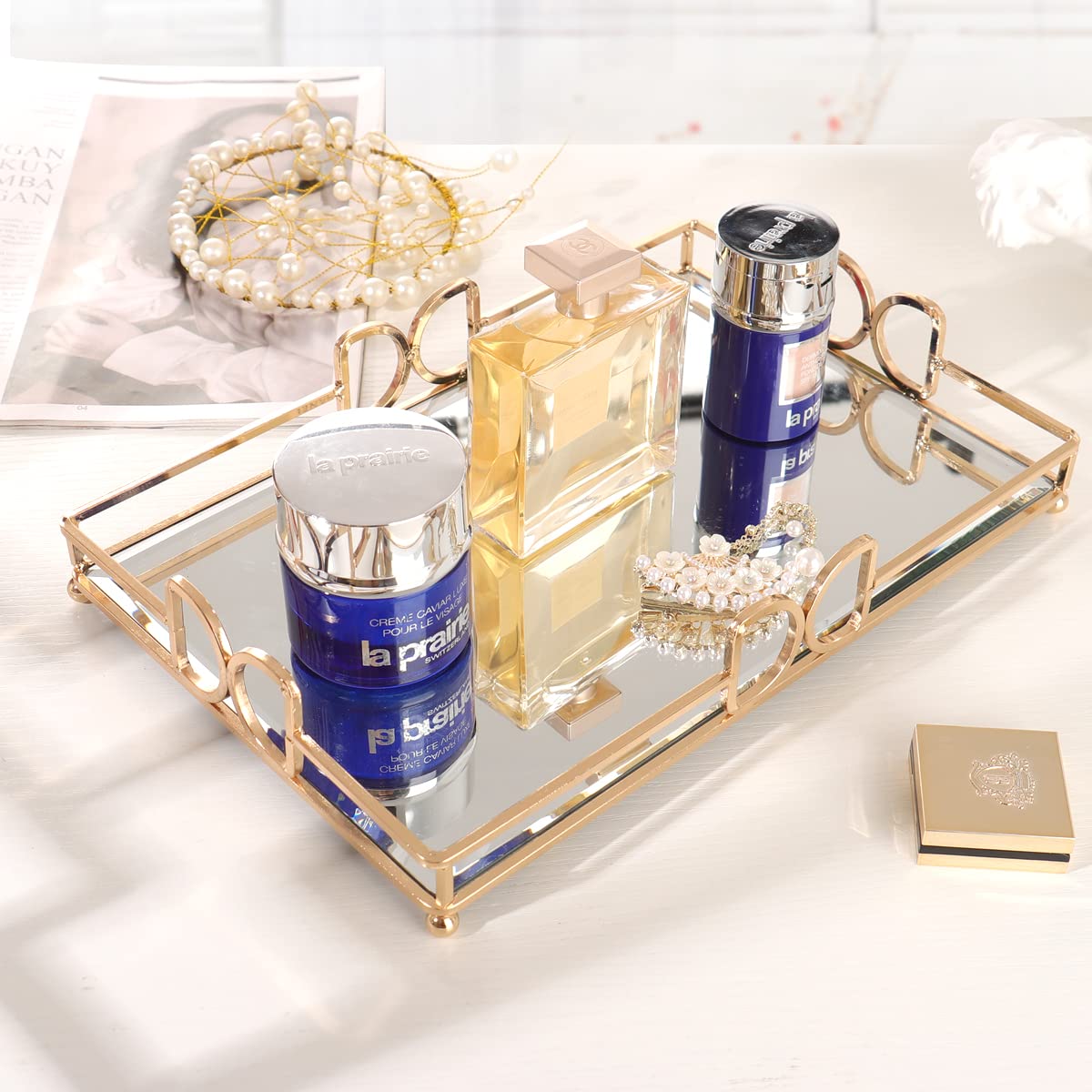HAIGOUER Gold Mirror Vanity Tray for Perfume, 11.7x7.9 Non-Slip Glass Dresser Tray, Elegant Decorative Organizer for Bathroom Countertops, Skincare & Makeup Display, Rust-Proof