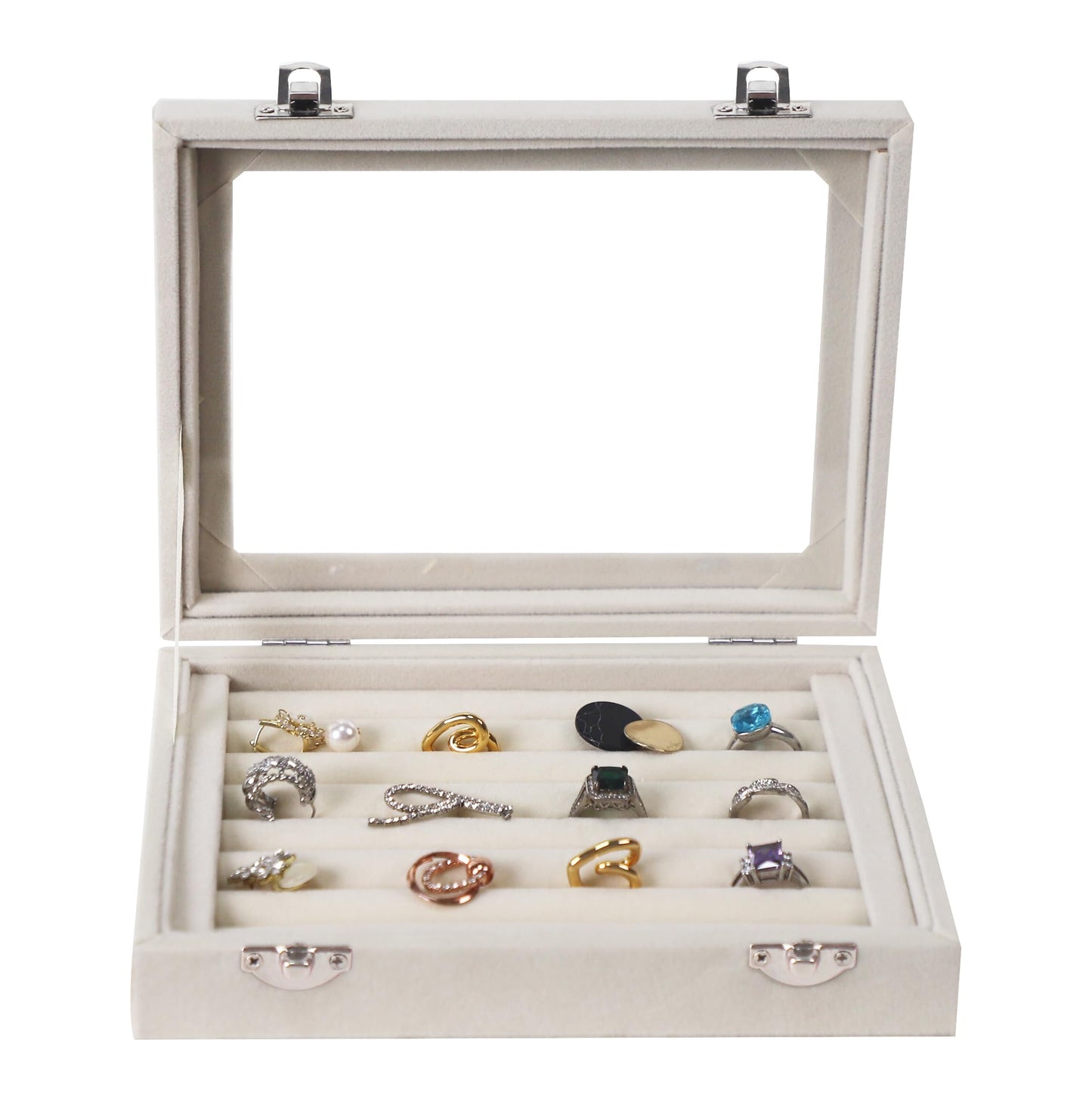 EONGOA Jewelry Box Rings Organizer Tray 7 Slots Velvet Jewelry Earring Storage Box With Transparent Lid Jewelry Display Case for Girls Women (Beige)