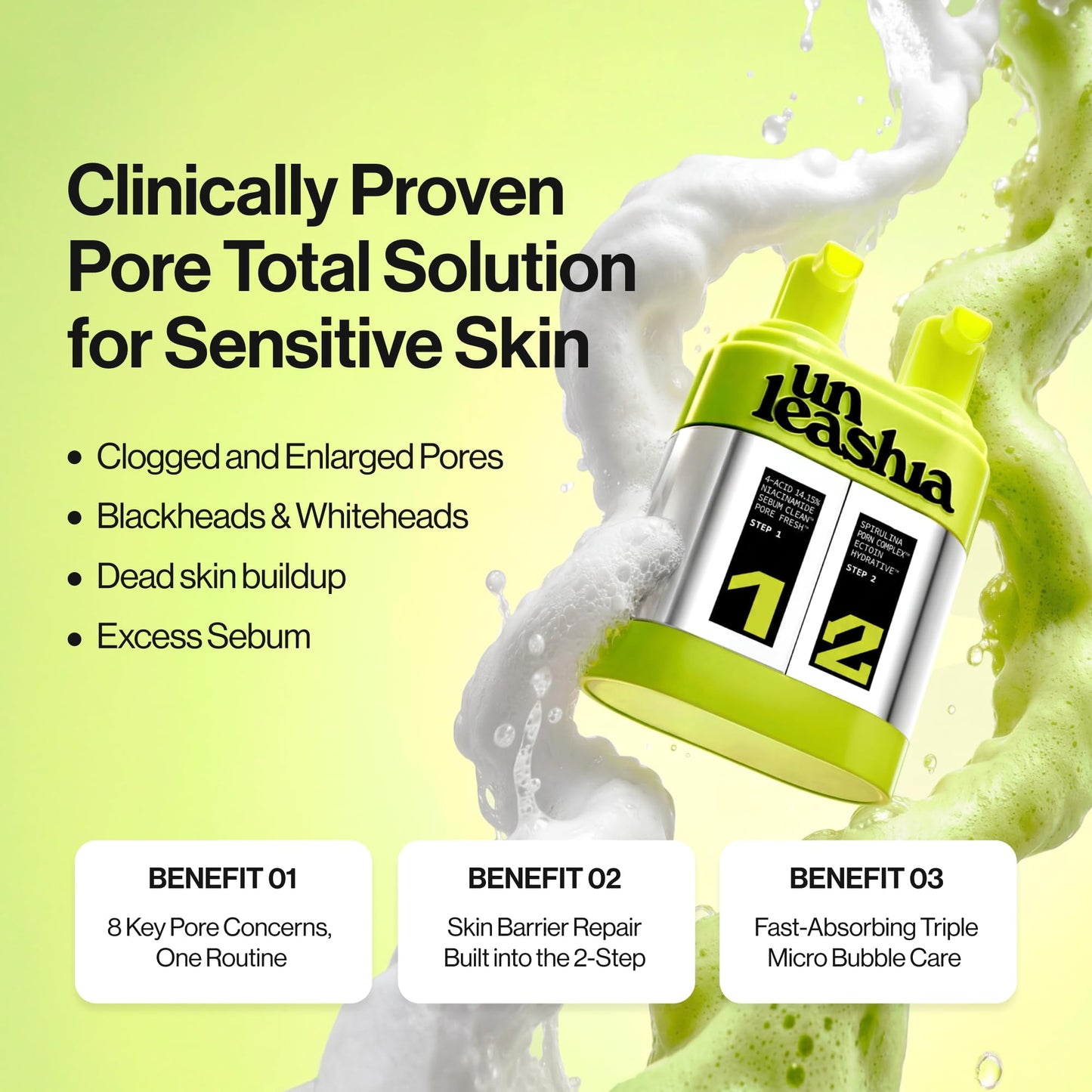 UNLEASHIA 2-Step Zero Pore Overnight Bubble Mask | 8-Pore Exfoliant & Barrier Care with AHA, BHA, PHA, LHA, Niacinamide, Panthenol, Ectoin & Ceramide NP, Sensitive Skin, Korean Skincare, 2.71 Fl Oz