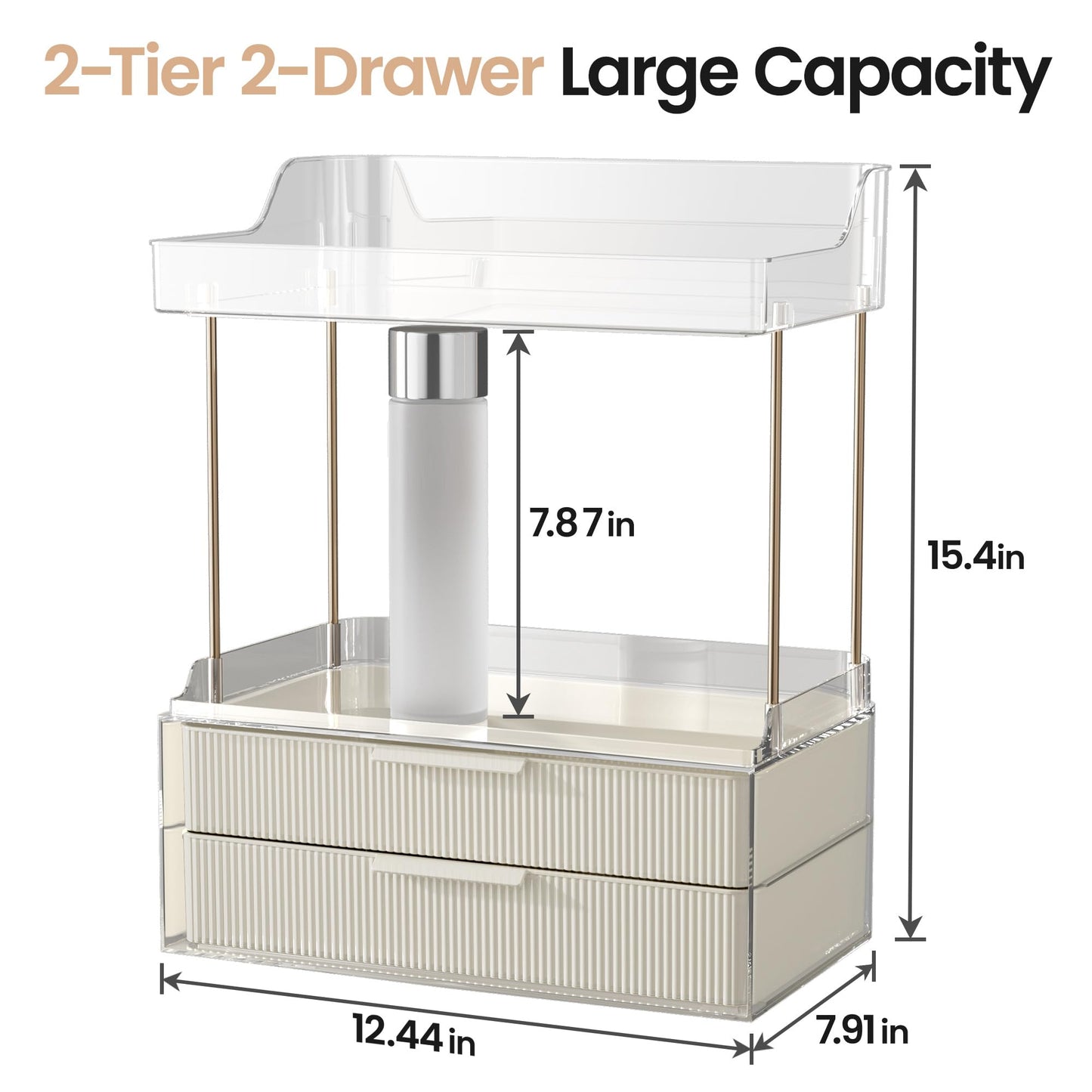 Delamu Bathroom Organizers and Storage, 2 Tier 2 Drawer Makeup Organizer Countertop, Easy to Install, Ideal for Bathroom Counter, Vanity, Ideal Gifts for Women Girls, Cream White