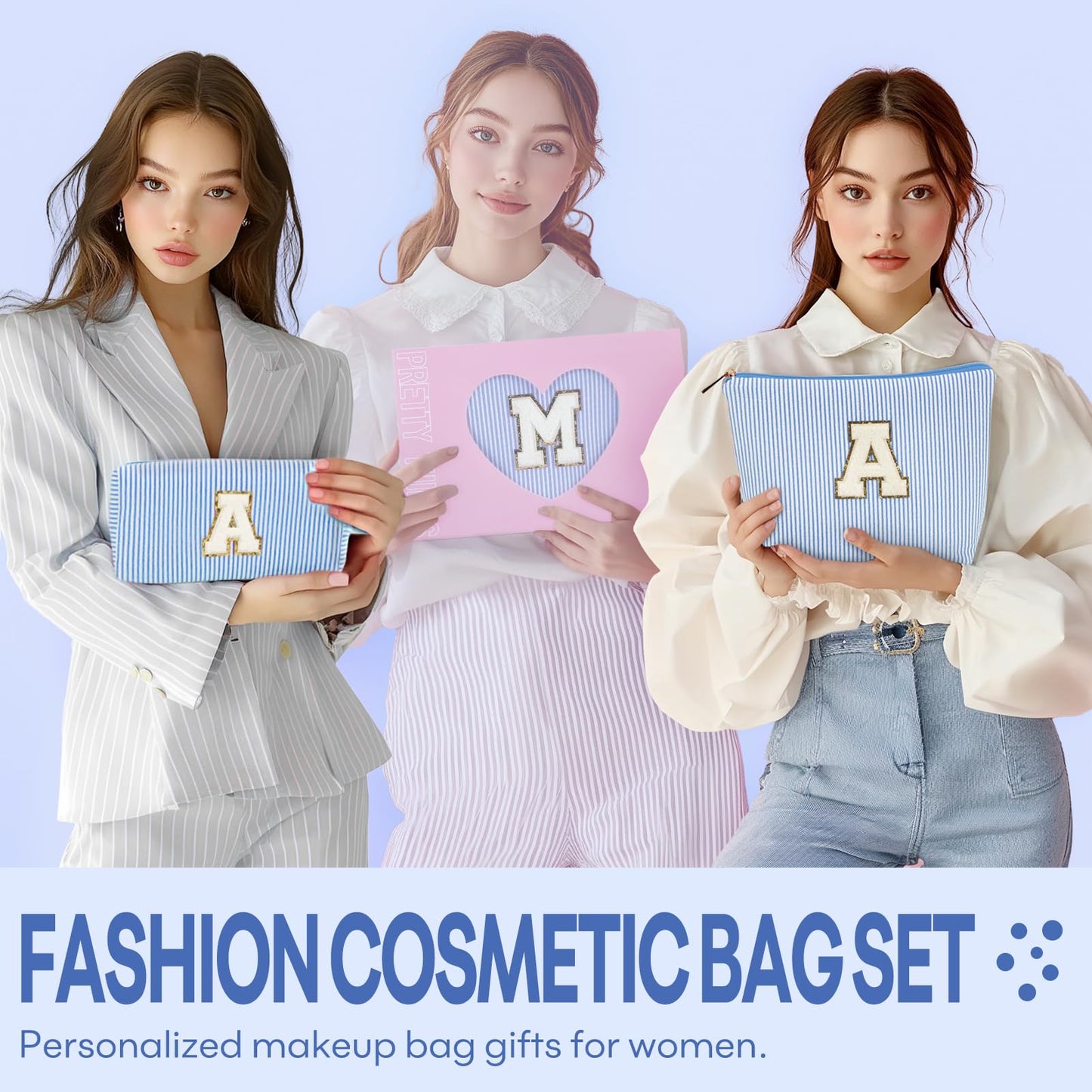2 PCS Initial Makeup Bags for Women: Cosmetic Bag for Travel Toiletry - Birthday Gifts for 11 12 13 14 15 16 17 18 Years Old Girl Graduation Teacher Gift- Teen Girl Gifts Trendy Stuff - Blue J