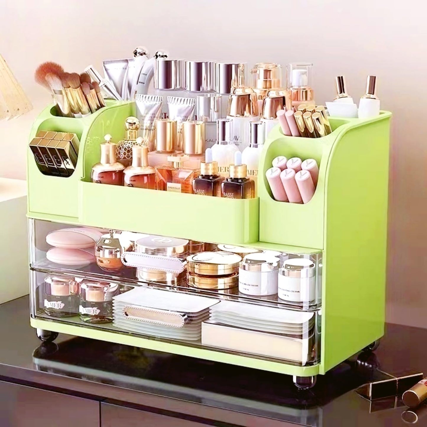 Makeup Organizer with Drawers for Vanity,Bathroom Countertop Organizer with Brushes Holder,Skincare Storage Organizer,Perfect Cosmetic Display Case for Skincare,Lipstick and Beauty Essential (Green)