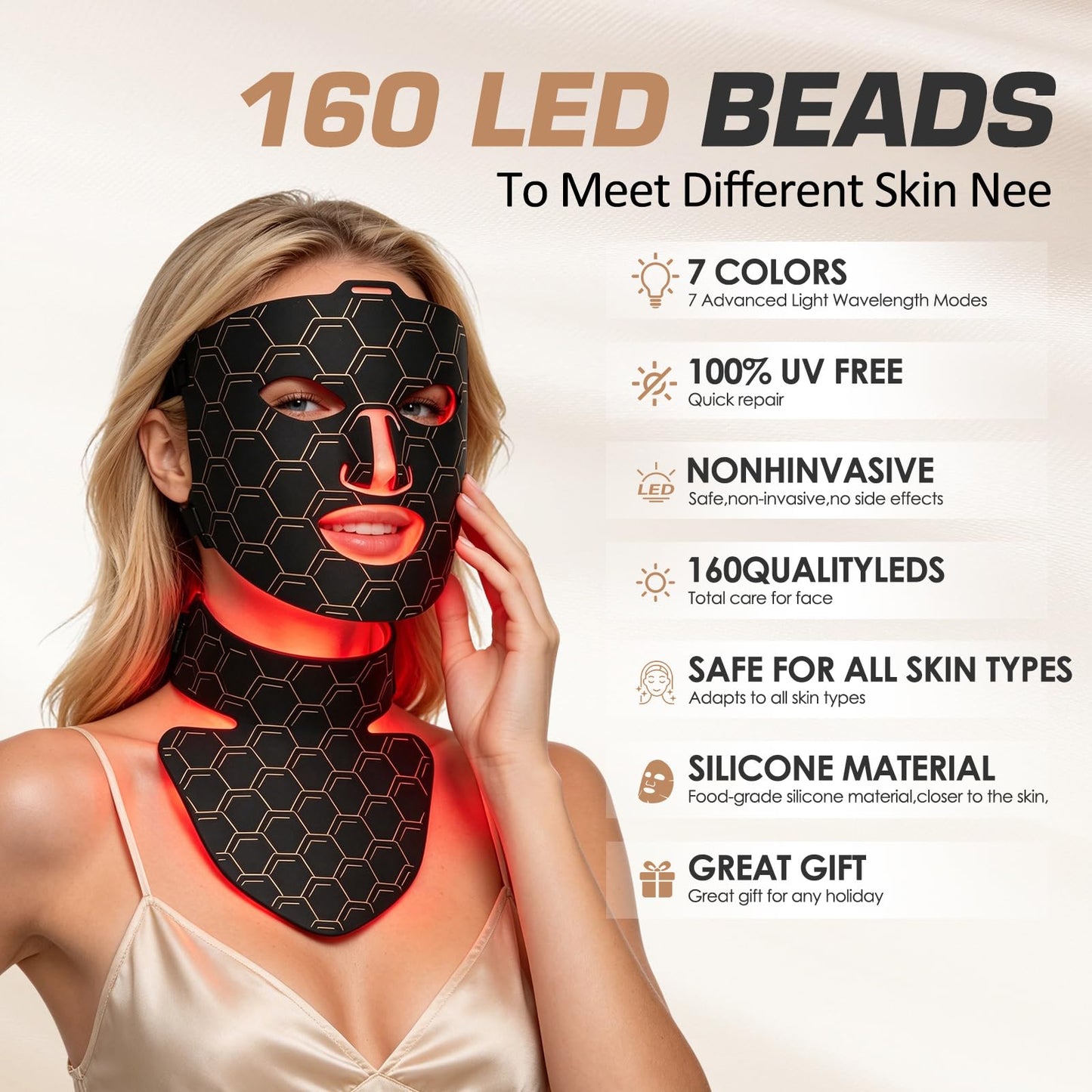 SAEWTINOR Red Light Therapy for Face and Neck Mask,160 LED Beads Silicone Facial Light Therapy,Rechargeable Portable LED Skincare Mask with Remote Control,Timer & 3 Adjustable Brightness