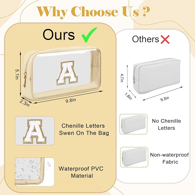 Personalized Initial Letter Clear Makeup Bag,Preppy Small Nylon&PVC Cosmetic Zipper Bag with Chenille Letter,Portable Beach Travel Skincare Toiletry Bag,Trendy Monogram Gift for Teen Girls Women,S