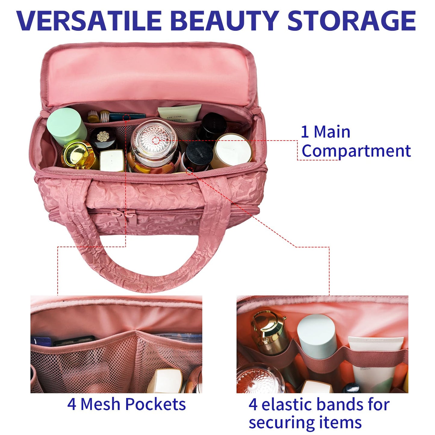 SMONT Toiletry Bag for Traveling Women, 11.5" Large Travel Makeup Toiletries Skincare Bag, Big Cosmetic Cosmetiquera Pink