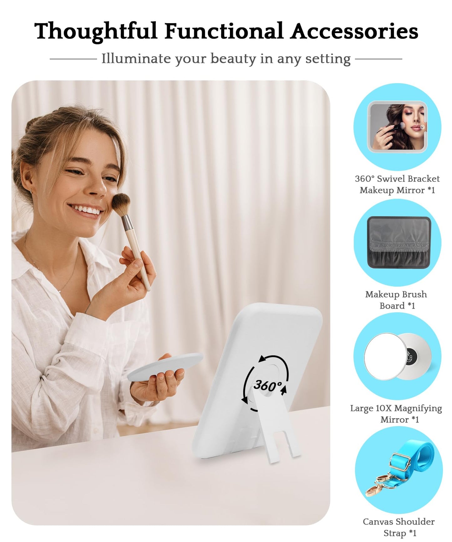MOMIRA Travel Makeup Bag Cosmetic Bag with Lighted Mirror, Adjustable Brightness in 3 Color Scenarios/Detachable makeup mirror, 2024-All-round Upgrade, Waterproof, Gift for Women -Glett Blue