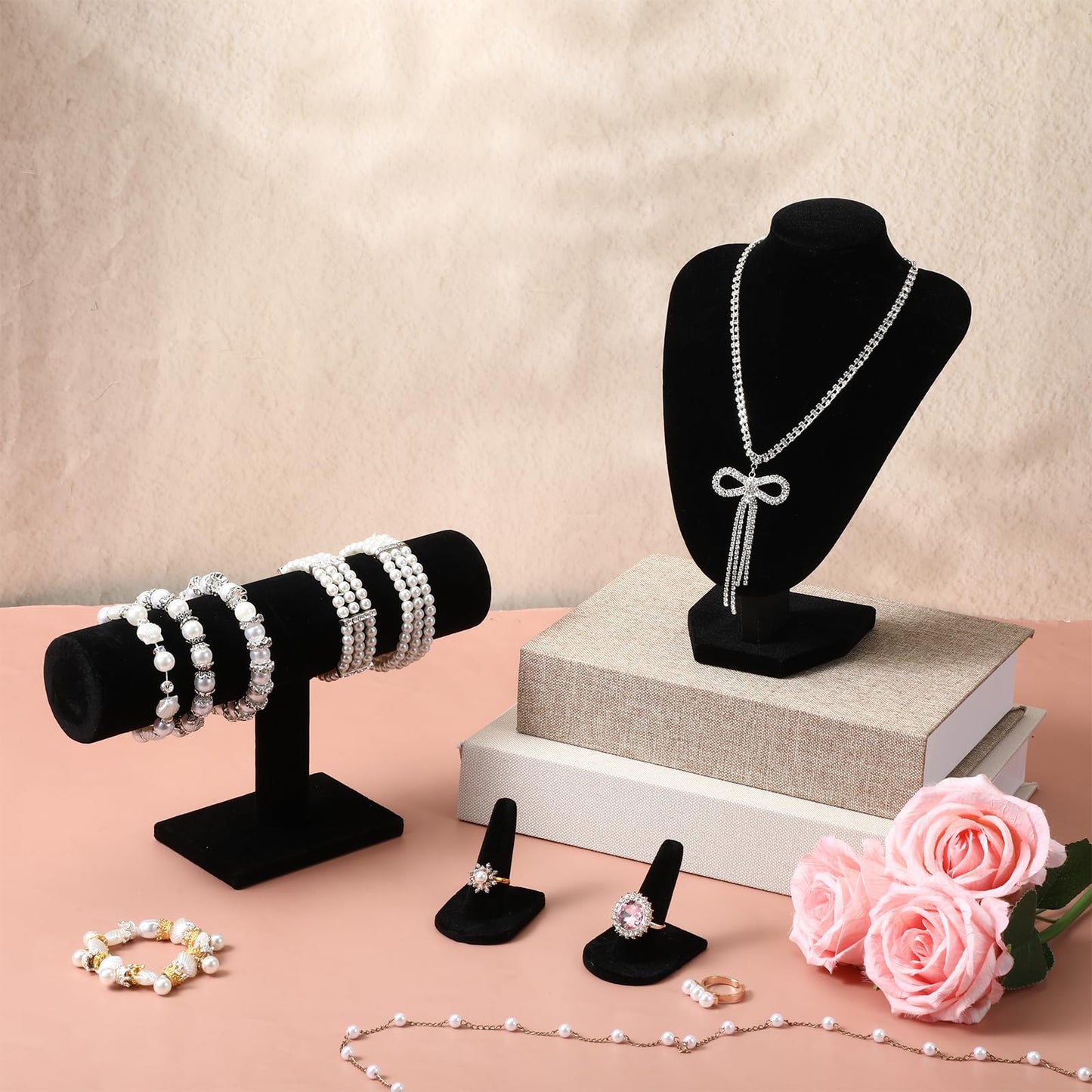 4 Pcs Velvet Jewelry Display Set, Velvet Necklace Bust Holder 2 Pcs Velvets Ring Finger Jewelry Holder Bracelet Organizer for Necklaces, Bracelets, Bangles, Chains, Anklets for Jewelrys Showcase