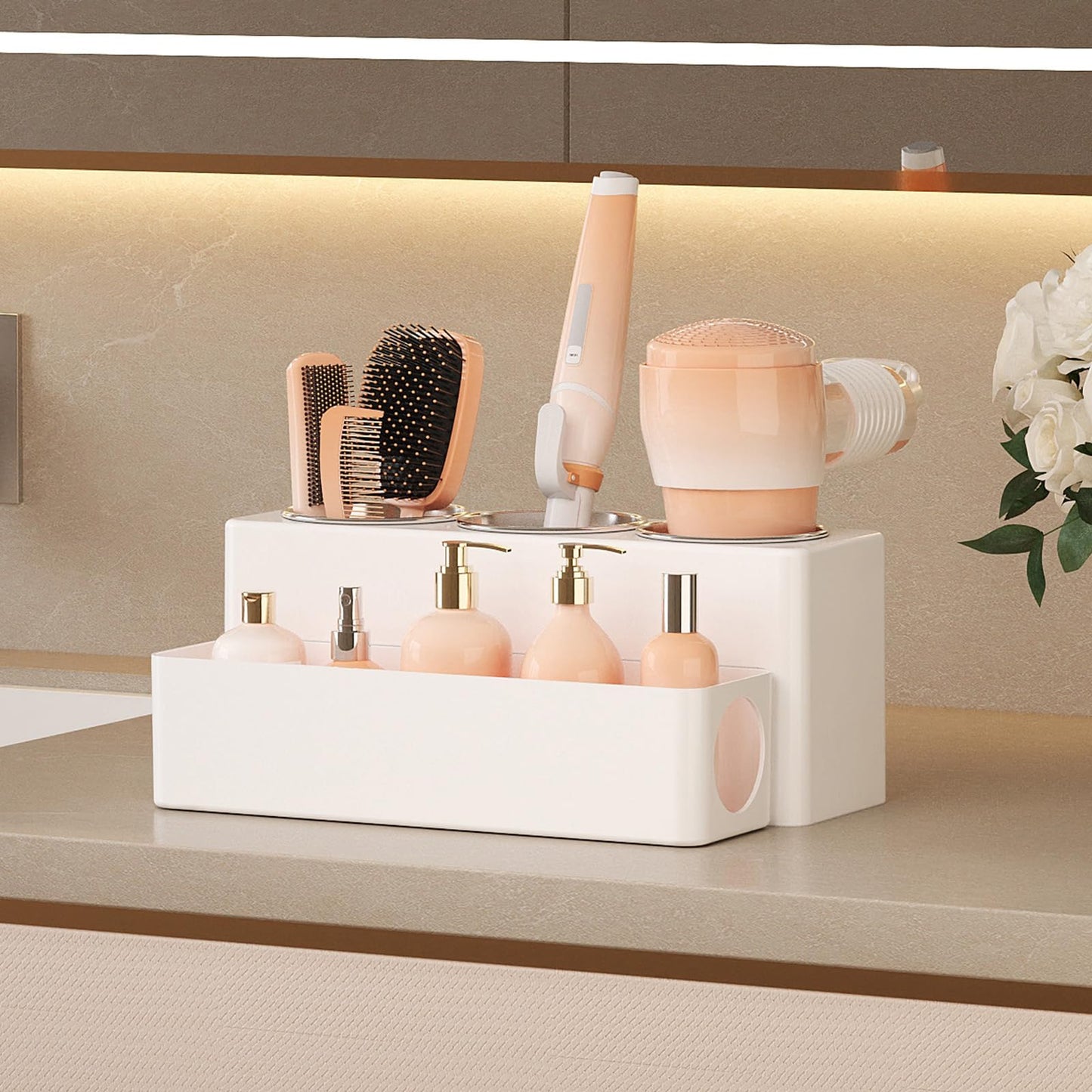Lifewit Hair Tool Organizer Countertop, Removable Blow Dryer Holder for Bathroom, Acrylic Hot Tools Organizer Storage for Curling Iron, Brush, Straightener, 3 Stainless Cups, White, 30 cm/12 inch(L)