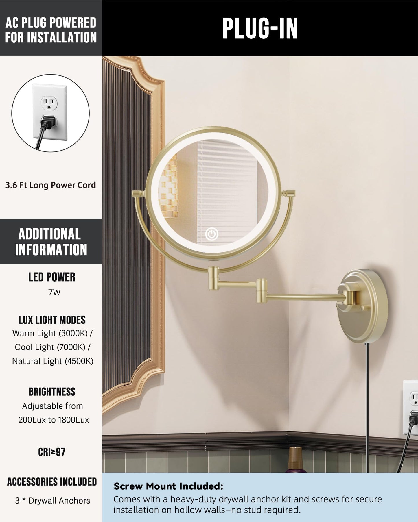 BrassyColux 10" Wall Mount Magnifying Mirror with Light Gold, Plug-in 1X/5X Powered Double-Sided 3 Color Touch Dimmable Extended Arm Cosmetic Light up Mirror for Bathroom, Satin Brushed Gold