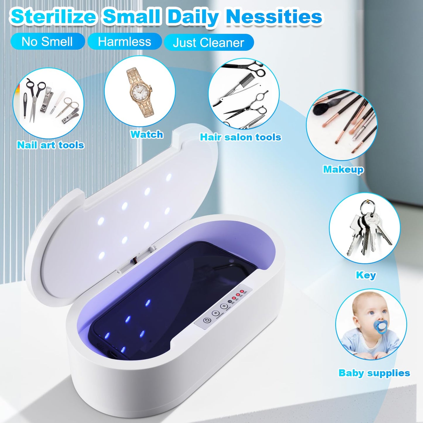Wbuosz Portable Tool Sterilizer Box USB,Blue Light Cleaning Sterilizating Box for Manicure Salon,Tweezers,Tattoo,Scissors,Jewelry,Phone, Watch,Keys