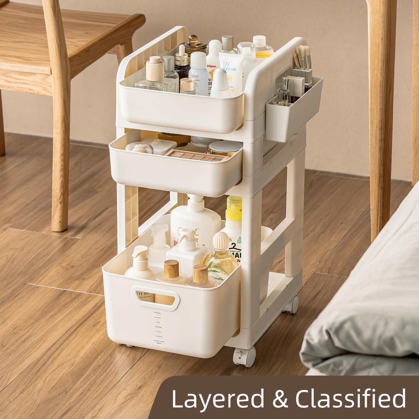 Rolling Makeup Organizer Cart with Removable Drawer, 3 Tier Stable White Floor Skincare Storage Cart for Vanity, Cosmetic Display, Nail Polish, Perfume, Hair Stuff, Beauty, Bathroom (3 Tier White)