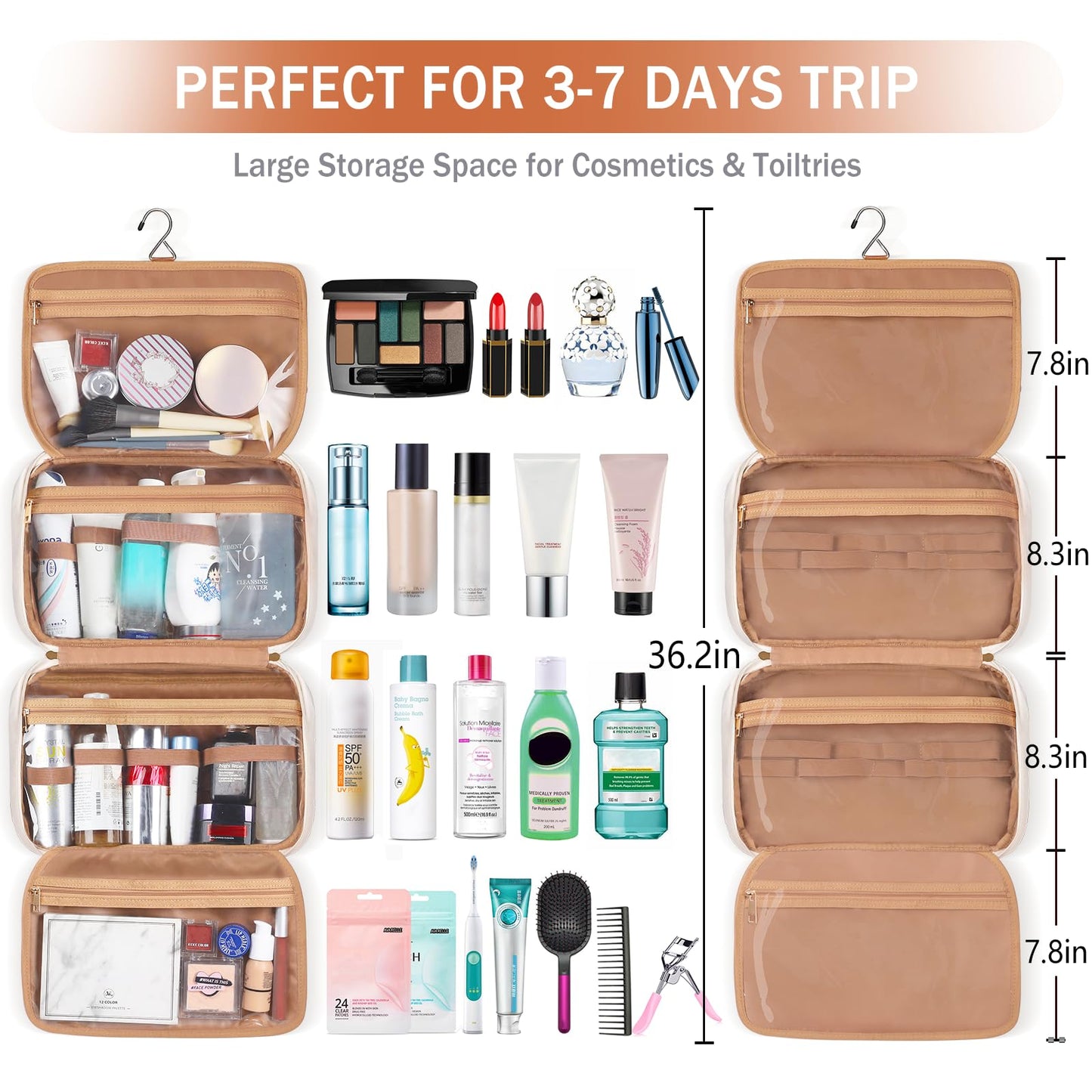 Travel Toiletry Bag for Women Hanging Travel Toiletry Organizer for Full-sized Toiletries Portable Water-resistant Travel Bag with Hanging Hook and 4 Compartments for Travel Essentials and Cosmetics
