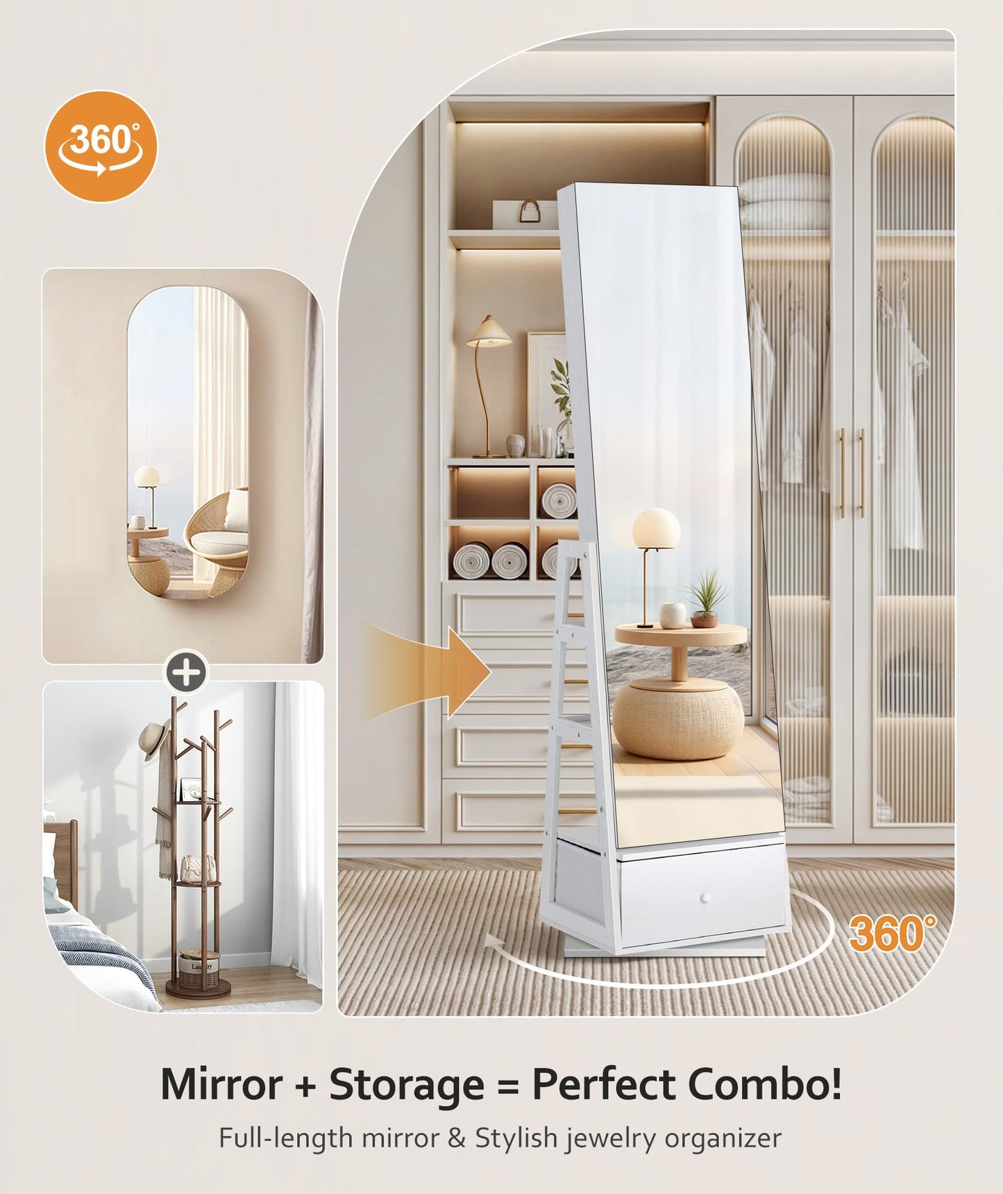 Nicetree 360° Swivel Jewelry Cabinet, Rotatable Full Length Mirror with Jewelry Storage, Standing Jewelry Armoire Organizer, Lockable Jewelry Organizer with 3 Rear Shelves, Bottom Drawer, Pure White