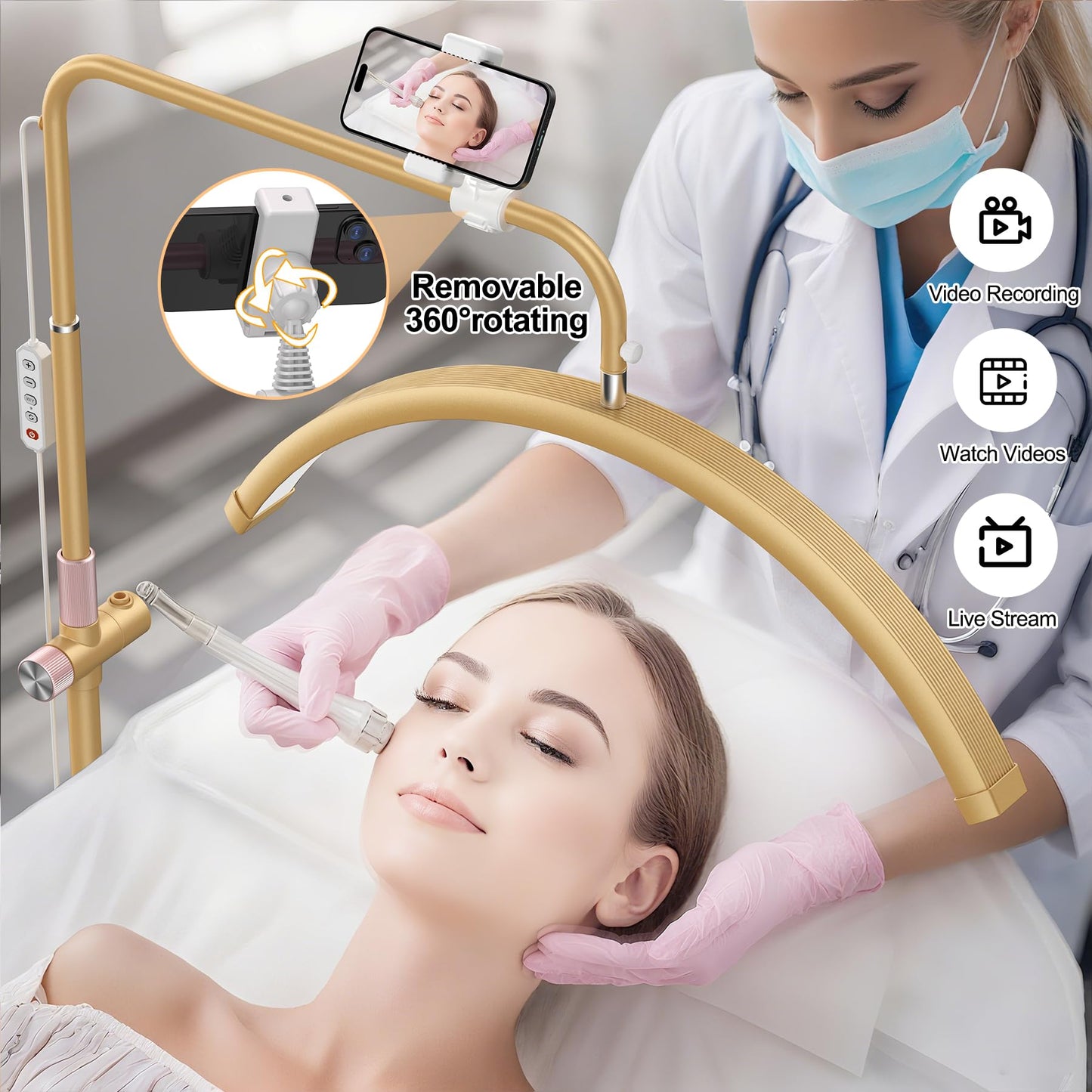 AURELLE Half Moon Lash Light - Adjustable LED Floor Lash Lamp with 4X Magnifier & Phone Holder for Eyelash Extensions,Nail Art,Tattoo,Skincare,Salon SPA-Dimmable Brightness,Rotating Head, Gold