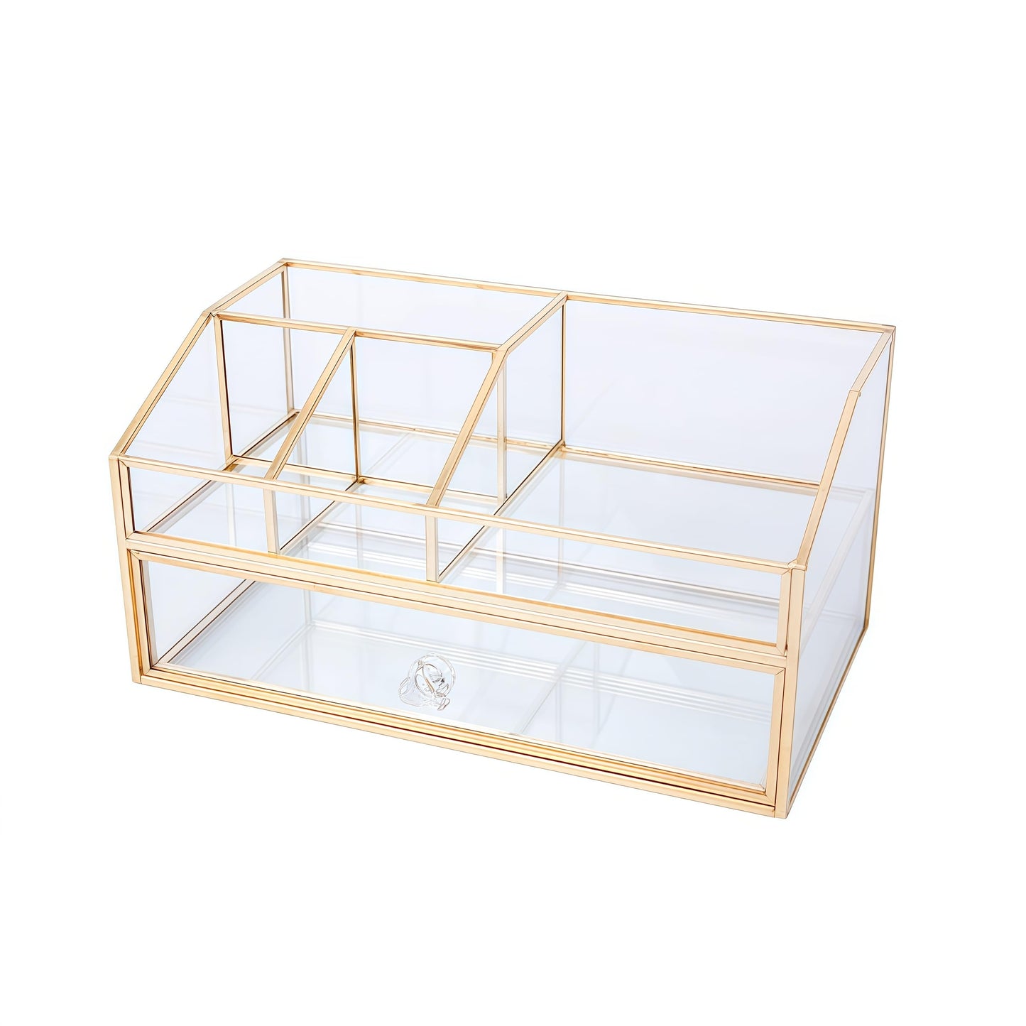 JIARI Glass Makeup Organizer with Drawer, Gold Brass Frame Jewelry Display Box, Nordic Style Cosmetic Storage for Vanity Bathroom Bedroom Office, 9.44x5.43x4.92 Inches (Storage Box-2 Tier)