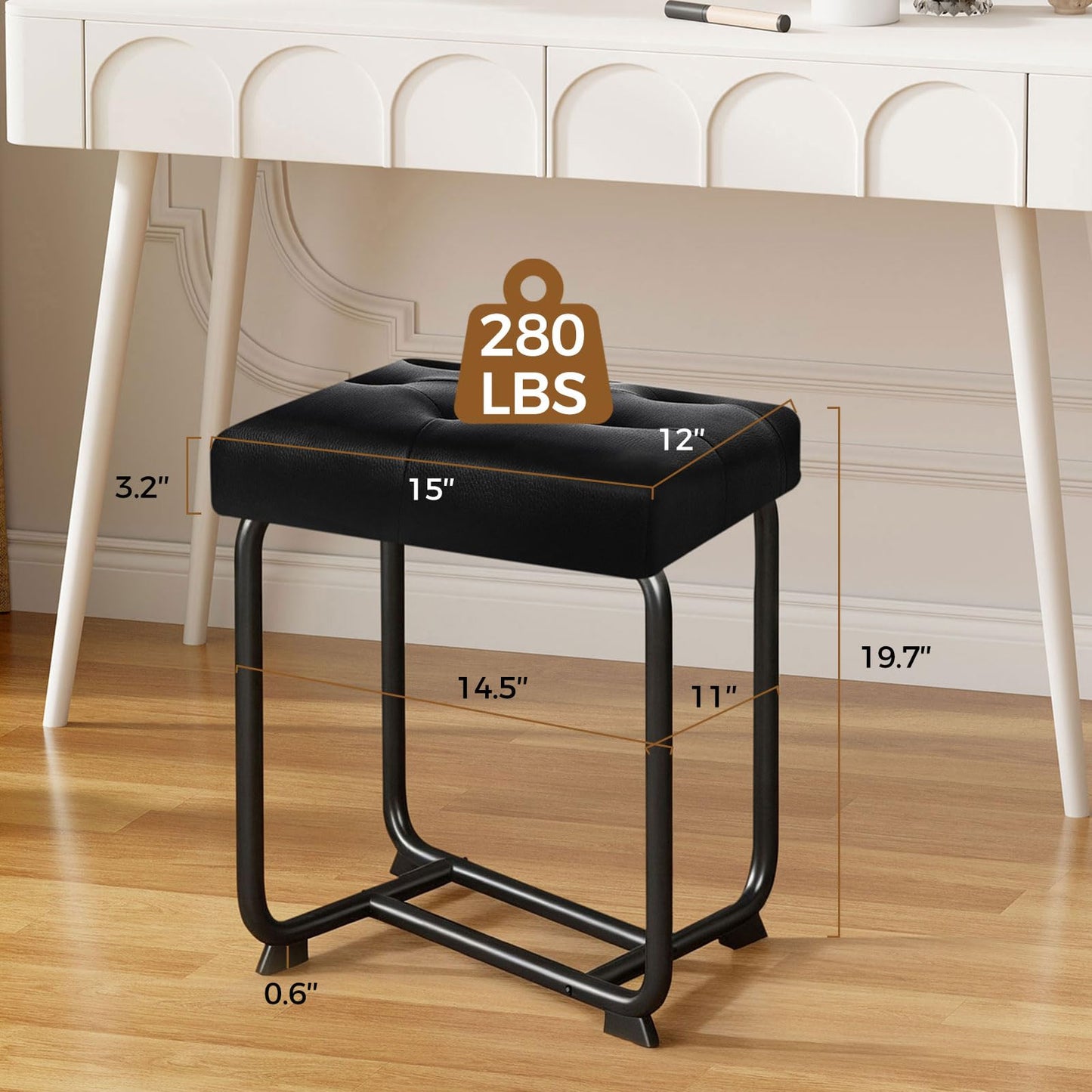 BEWISHOME Black Vanity Stool, Leather Vanity Stool, Small Stool Chair for Vanity, Square Ottoman Foot Stool, Makeup Vanity Chairs with Thick Padded Seat for Bathroom, Bedroom, Entryway, KFD01B