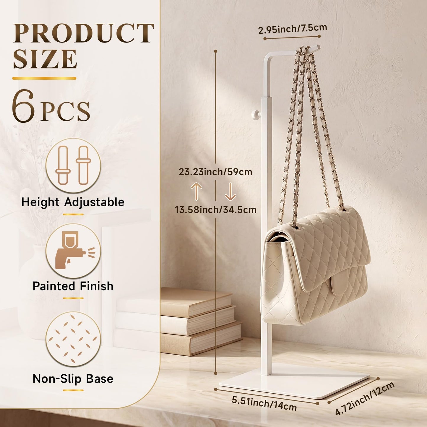Ferrochef 6 Pack White Purse Stand Holder Handbag Display Stand Adjustable Stainless Steel Hanger Rack for Tabletop, Closet, Desk, and Retail Use for Vendors