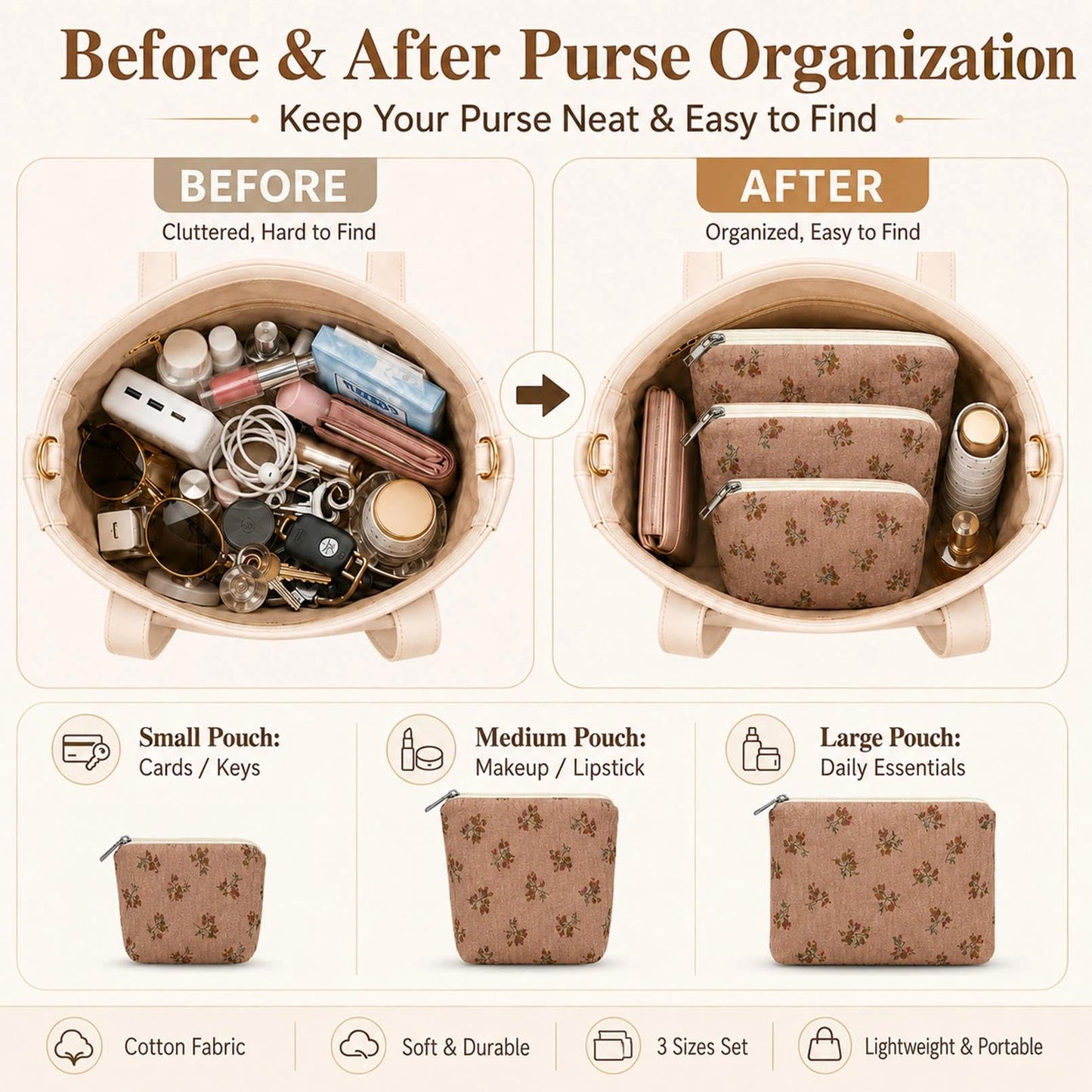 BBORGDC Small Bags for Purse Set of 3, Cute Cotton Floral Purse Organizer Bags, Small Makeup Bag Pouches with Inside Pocket, Cosmetic Pouch Set for Travel & Daily Essentials