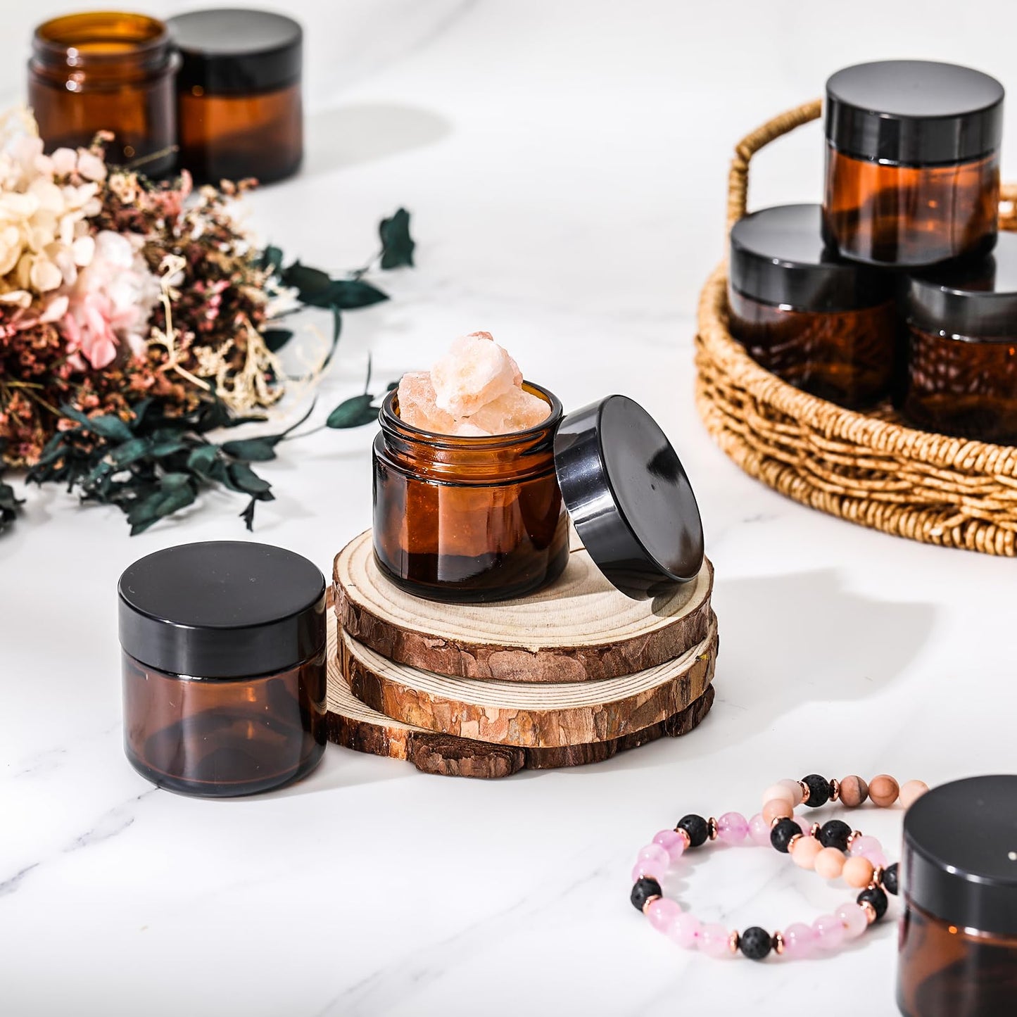 Domensi 48 Pcs 2 oz Glass Jars with Lids Small Glass Jars with Lids Round Leakproof Airtight Empty Cosmetic Travel Containers with Inner Liners Lid for Makeup Lotions Cream Ointments (Amber)