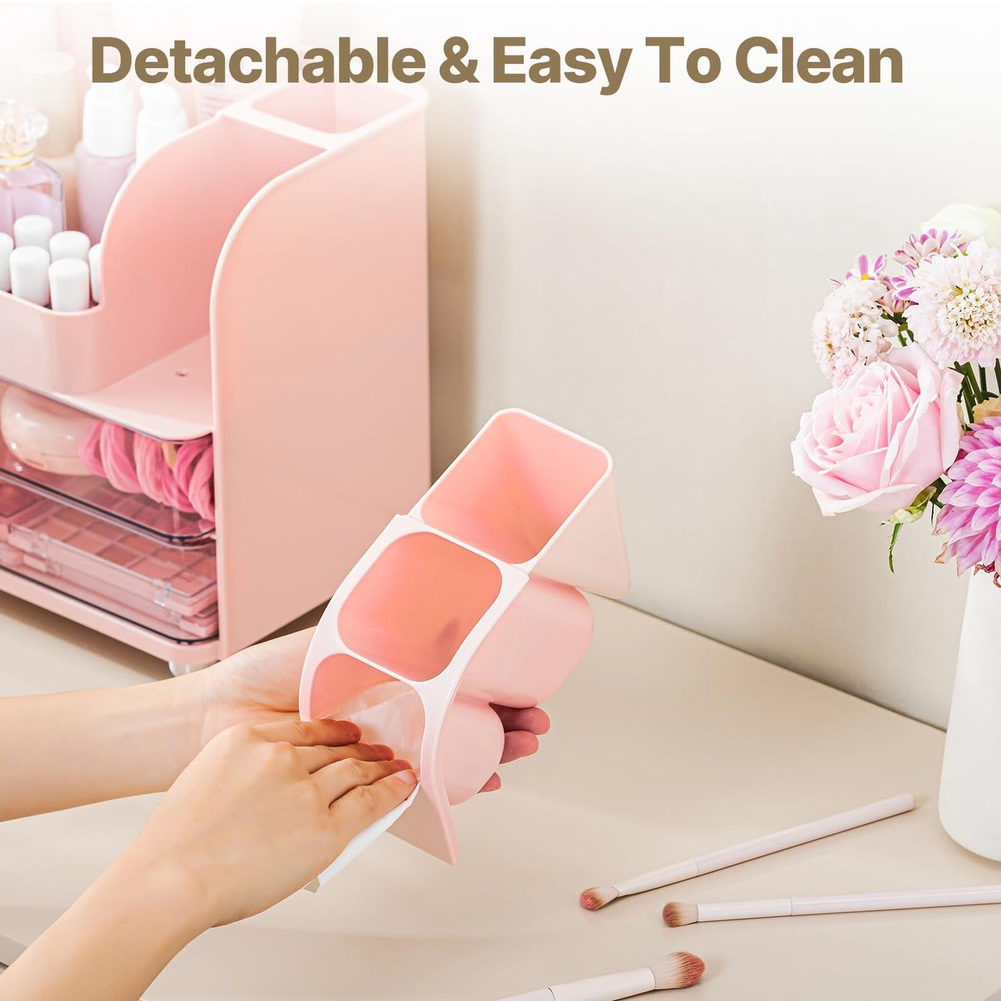 Makeup Organizer with Brush Holder, Makeup Organizer Countertop with 2 Drawers, Make up Organizers for Vanity, Vanity Organizer, Makeup Storage For Skin Cares,Makeup Brushes,Lipsticks,Perfumes(Pink)