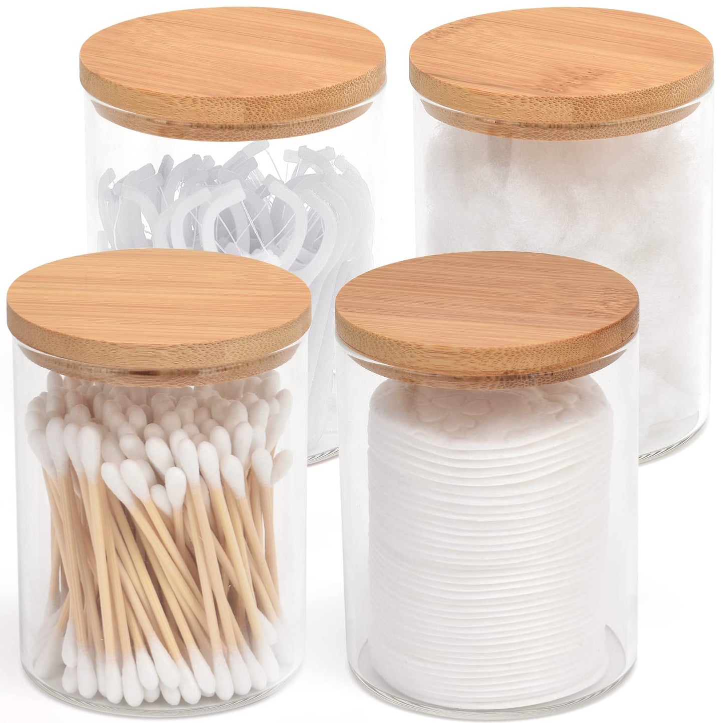 BKYFPQ 4 Pack Glass Qtip Holder Dispenser Set - Apothecary Jars with Lids for Vanity Makeup Organizer - Bathroom Canister Storage Organizer for Cotton Ball,Swab,Round Pads,Floss