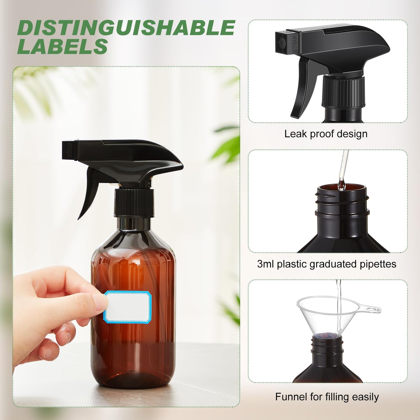 LOYIM 9 Pack 10oz/300ml Plastic Spray Bottle Bulk for Plant Small Spray Bottle Fine Mist Water Sprayer Upgraded Adjustable Nozzle Refillable Empty Containers for Cleaning, Hair, Cooking(Amber)