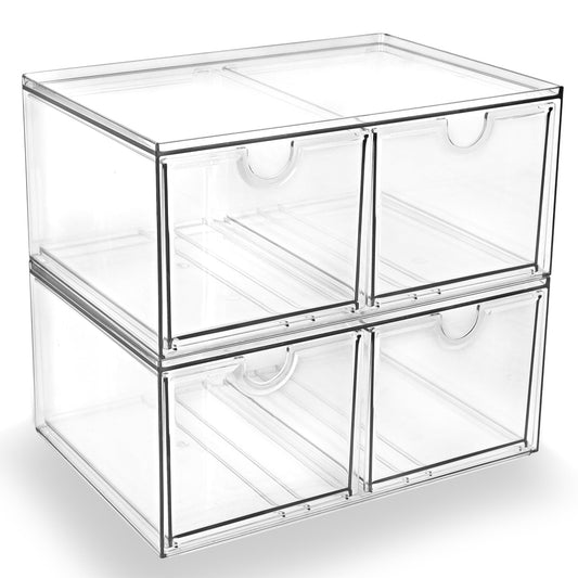 Prsildan Stackable Clear Makeup Organizer, 2 Pack Acrylic Storage Drawers with 4 Drawers for Vanity Bathroom Office Desk Modular Drawer System for Cosmetics Jewelry Toiletries Home Organization