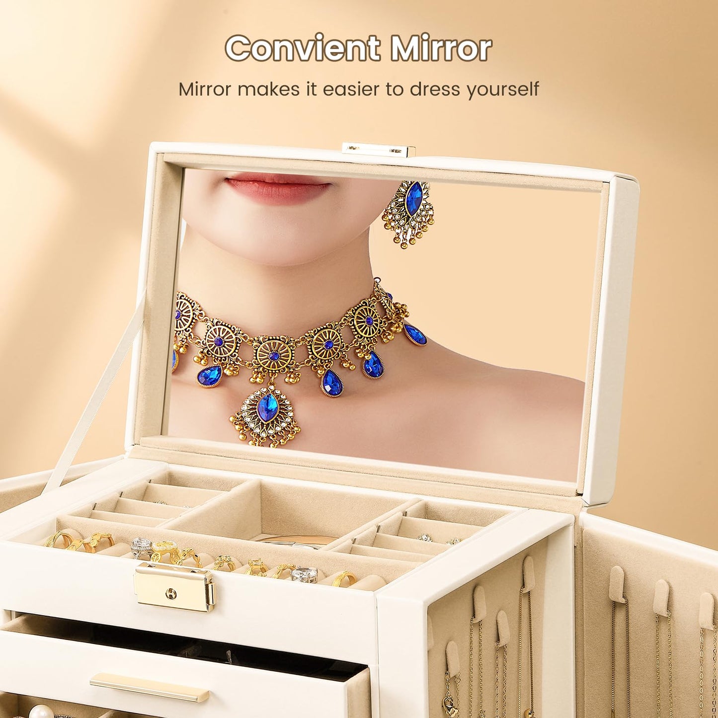 RoseGem Synthetic Leather Huge Jewelry Box Mirrored Watch Organizer Necklace Ring Earring Storage Lockable Gift Case (White)