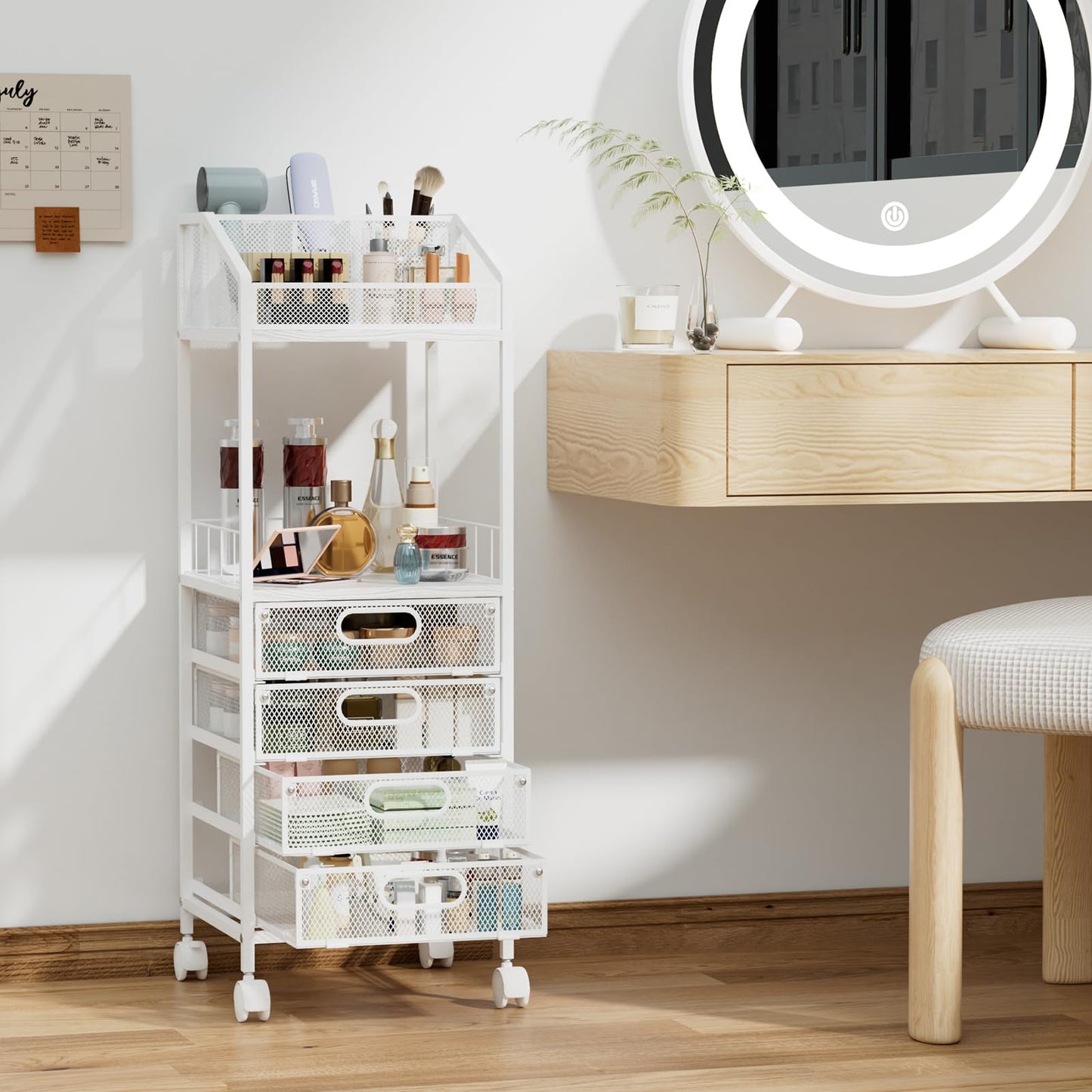 HapiRm Makeup Organizer Storage Cart - Floor Skincare Make Up Storage with 4 Drawers, Rolling Makeup Cart Vanity Organizer Cosmetics Display Cases Holder for Skin Care Perfume Nail Polish