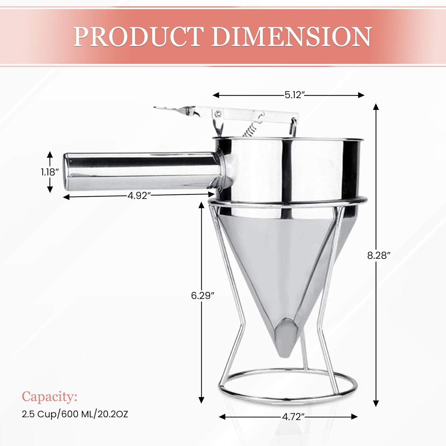 KOLIBROX Piston Funnel with Stand - Stainless Steel Confectionery Funnel for Batter Dispensing & Bakery Use - Precise Cake Decorating Tool - Perfect for Pouring Sauces, Chocolate & Fillings | Silver