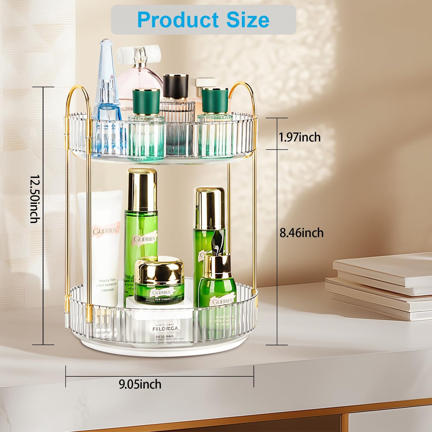 Niluks 360 Rotating Makeup Organizer - Large Capacity Spinning Perfume & Cosmetic Skincare Holder for Countertop (Pearl White, 2 Tier)