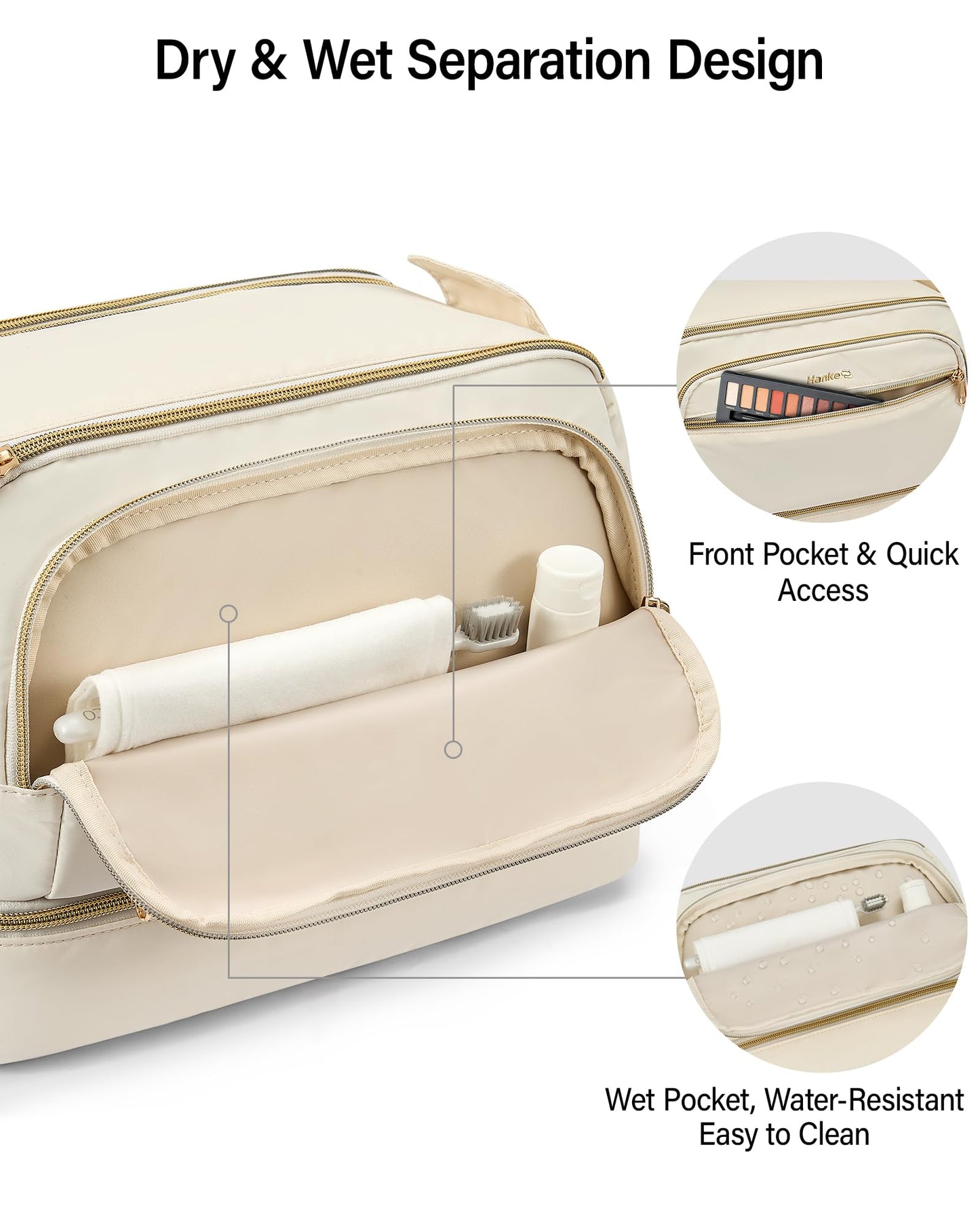 Hanke Travel Toiletry Bag, Lightweight Wide-open Makeup Bag, Dual-Layer Travel Bag for Toiletries Water-Resistant Cosmetic Bags Large Toiletry Bags for Women & Men, Travel Essentials, Off White