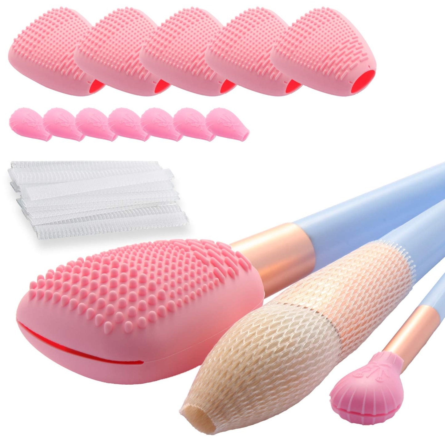 Silicone Travel Make-up Brush Holder with Cleaner Mat Pad, Organizer Case Covers for Foundation Eye Lip Brushes Storage Cleaning, Gift for Women Girl-friend Mother Wife, 5-Pcs Large + 7 Small, Pink
