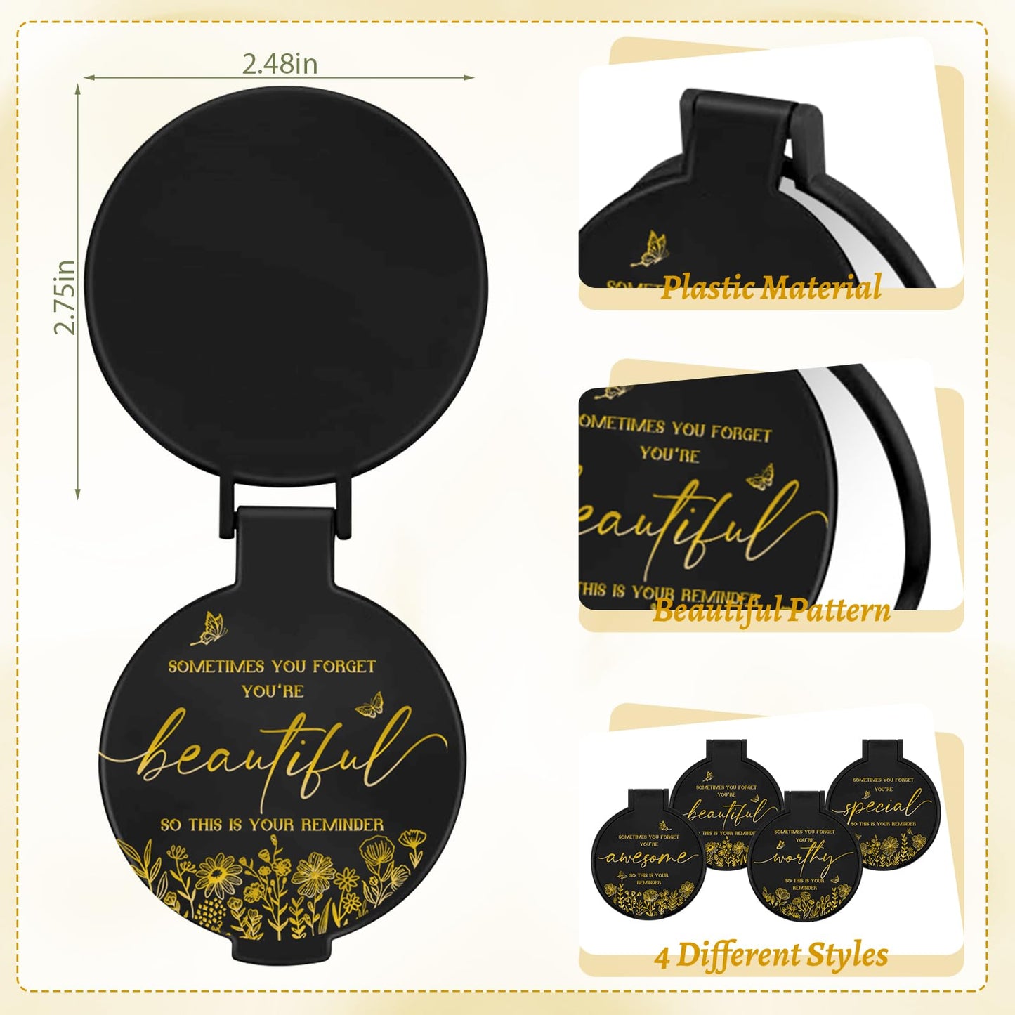 HSDSH 100 Pcs Inspirational Compact Mirror Bulk Small Pocket Mirror Purse Round Portable Folding Makeup Mirror Thanksgiving for Women Coworker Employee Teacher(Black)