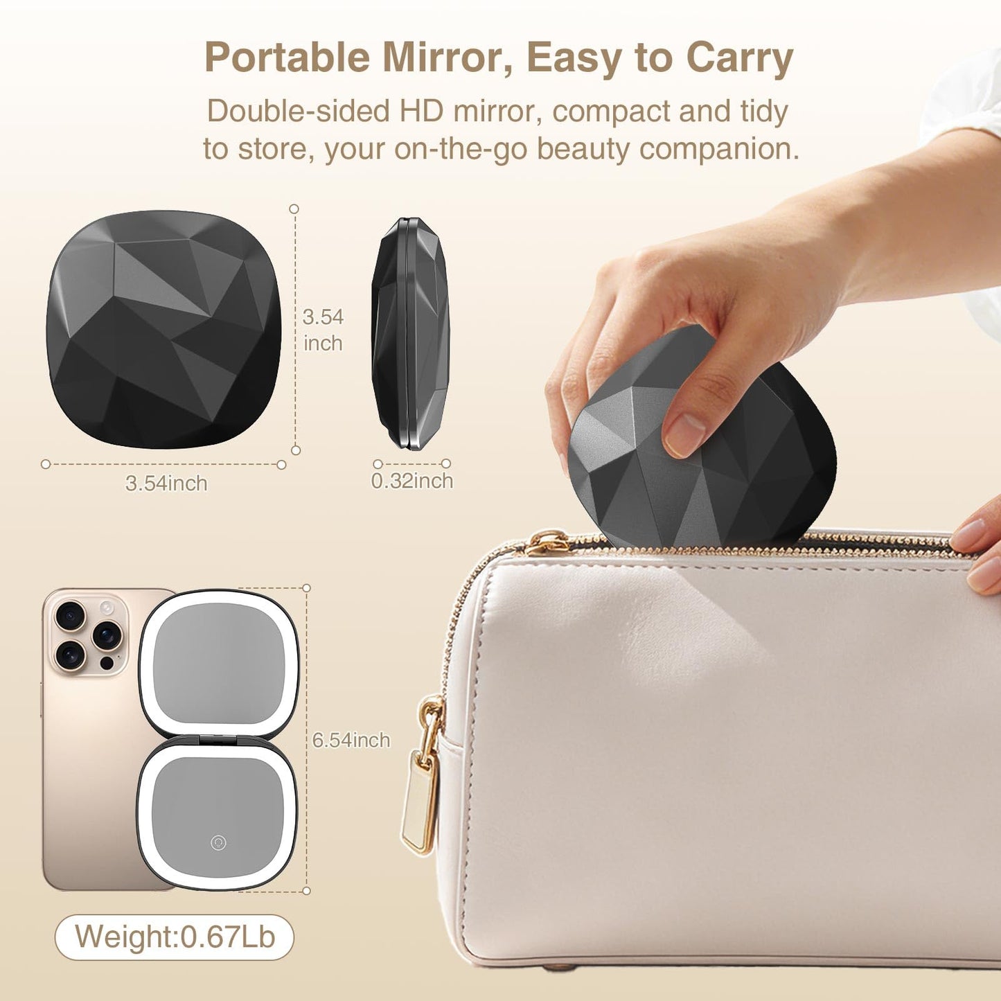 Poryled Travel Makeup Mirror with Light, 10X/1X Magnifying Compact Mirror for Purse, Portable Double Sided Folding Pocket Size, Dimmable LED & USB Rechargeable(Black)