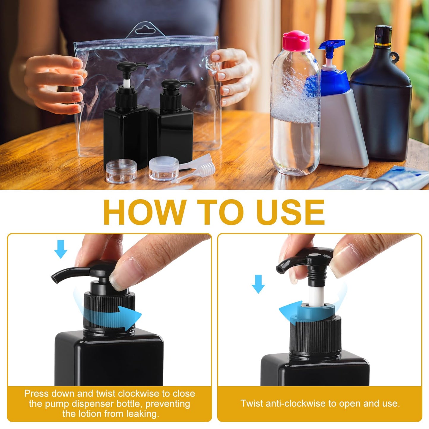 Domensi 50 Pcs 100ml /3.4 oz Pump Bottle Mini Travel Bottles Small Dispenser Containers Plastic Pump Lotion Dispenser Empty Square Travel Size Containers Toiletries (Whole Black)