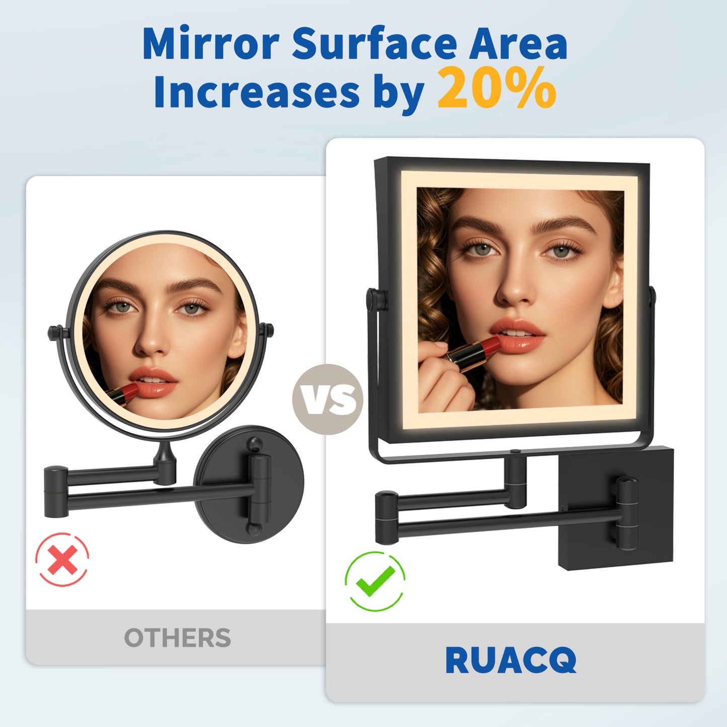 Ruacq Rechargeable Wall Mounted Makeup Mirror with Lights, Double Sided 1X/20X Magnifying Vanity Mirror with 3 Color Lighting, Touch Screen Dimmable, 360° Rotation Extension Foldable Arm(Matte Black)