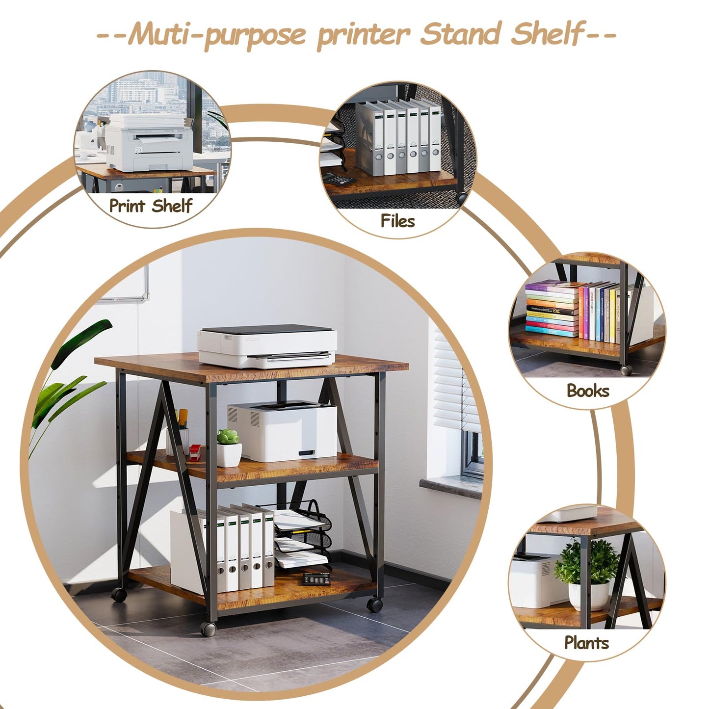 Arbuxzuy 3-Tier Printer Stand, Large Printer Table with Storage, Industrial Printer Storage Cart with Wheels, Rolling Printer Stand for Heat Press Scanner Fax, Brown