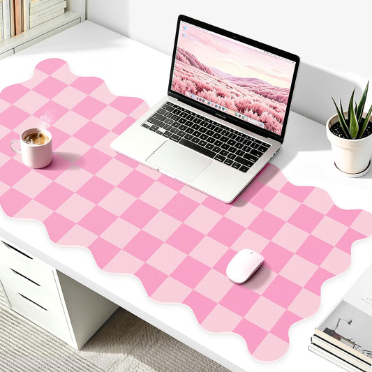 Scalloped Pink Desk Mat, 31.5" x 15.7" Waterproof Large Desk Mat, Non-Slip Computer Mouse Pad and Keyboard Mat, Pink Cute Desk Mat for Office, Work, Home, or Vanity