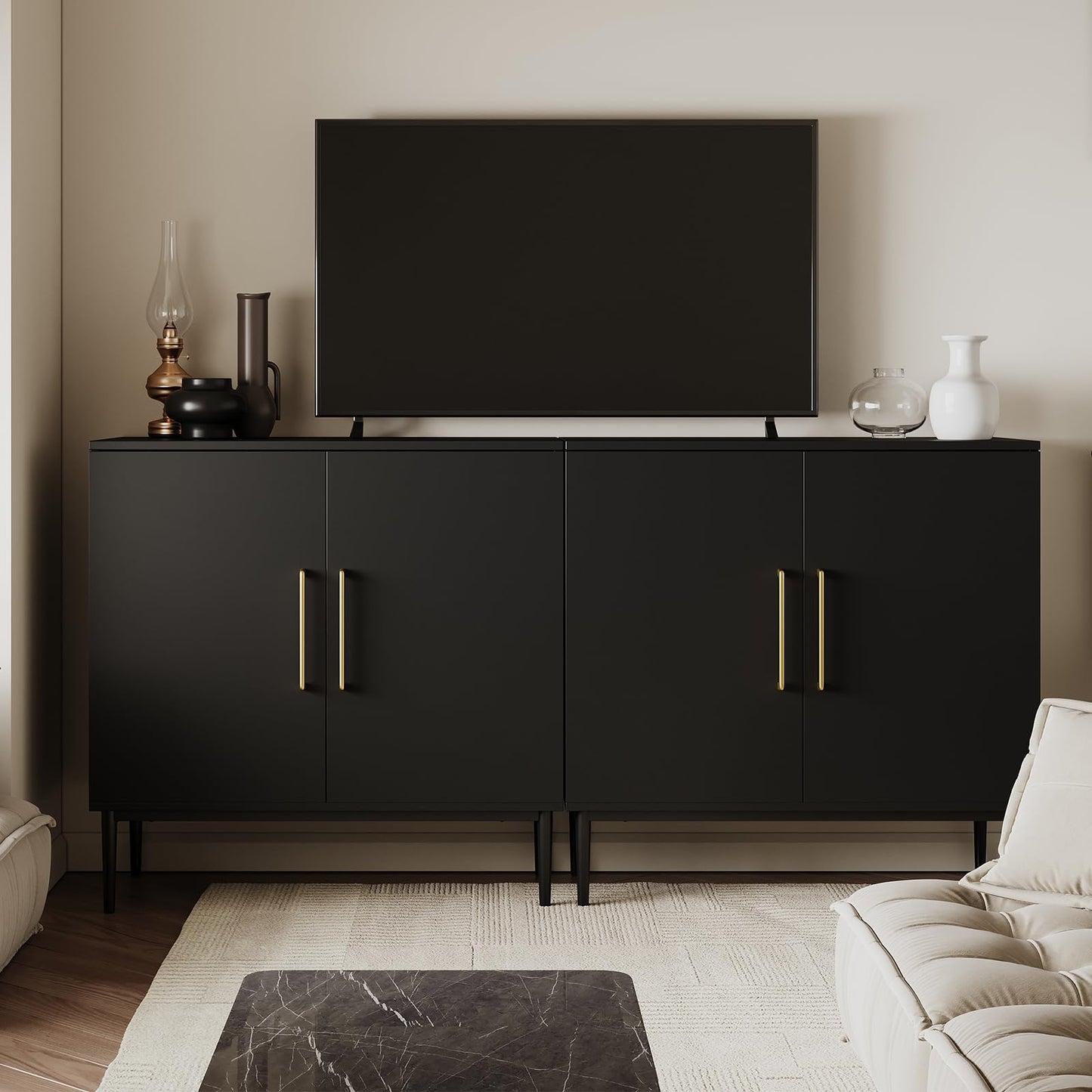 REHOOPEX Black Storage Cabinet with Doors, Modern Accent Cabinet, Free Standing Cabinet with Adjustable Shelf, Wooden Buffet Sideboards for Living Room, Kitchen, Dining Room, Entryway