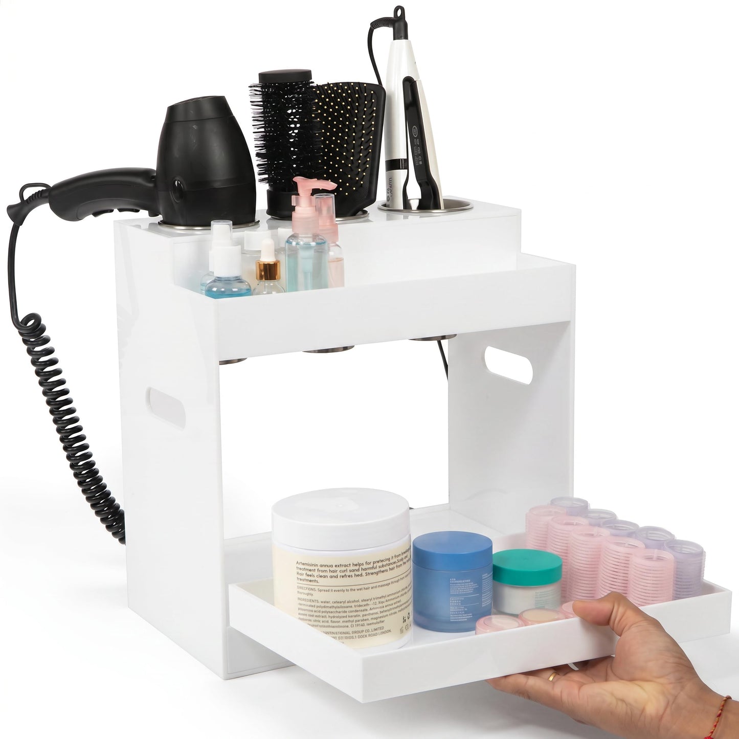 Hair Tool Organizer Countertop Extra Wide Bay | Bathroom & Hot Tools Organizer For Hair | Hairdryer Holder For Bathroom Vanity | Hot Tools Storage for Curling Iron Straightener, 3 Stainless Cups White